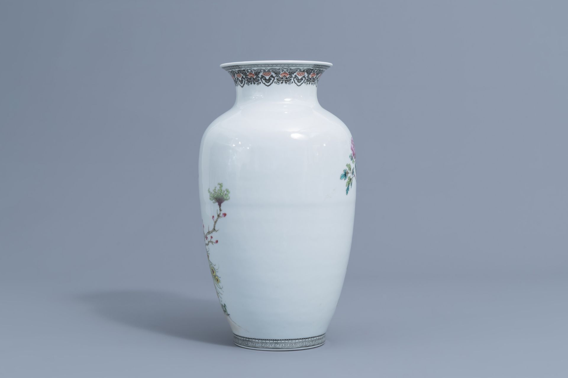 A Chinese famille rose vase with a peacock among blossoming branches, Republic, 20th C. - Image 3 of 6