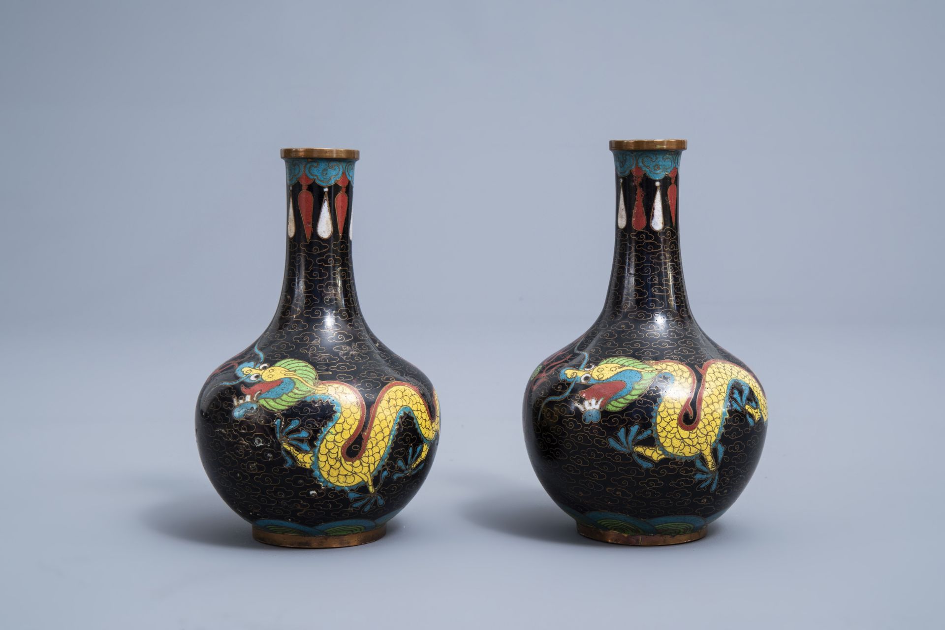 A Chinese cloisonne incense burner and two pairs of vases with dragon design, 20th C. - Image 17 of 19