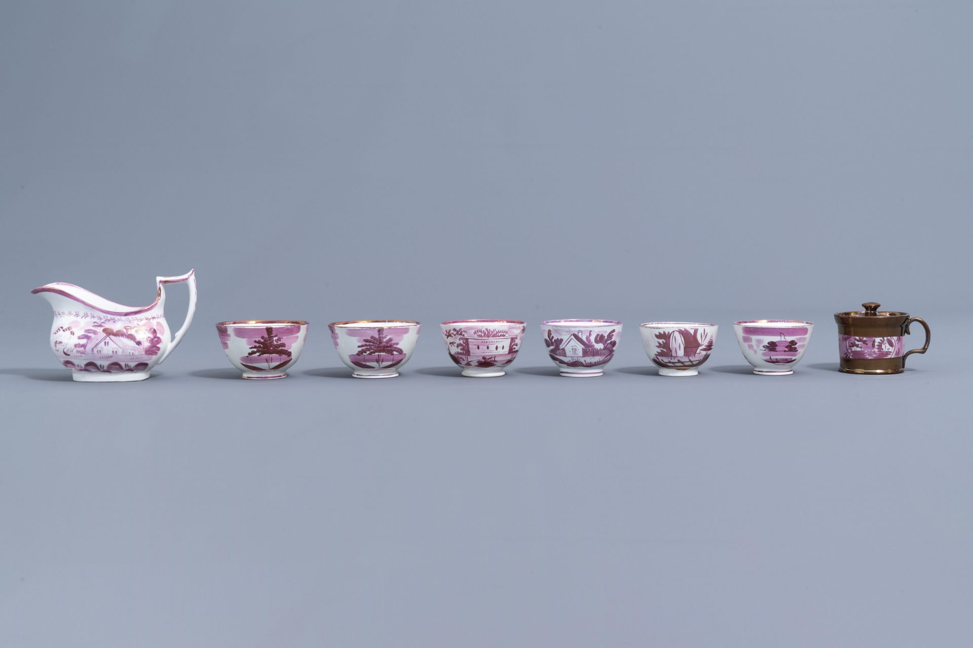 A varied collection of English pink lustreware items with a cottage in a landscape, 19th C. - Image 28 of 50