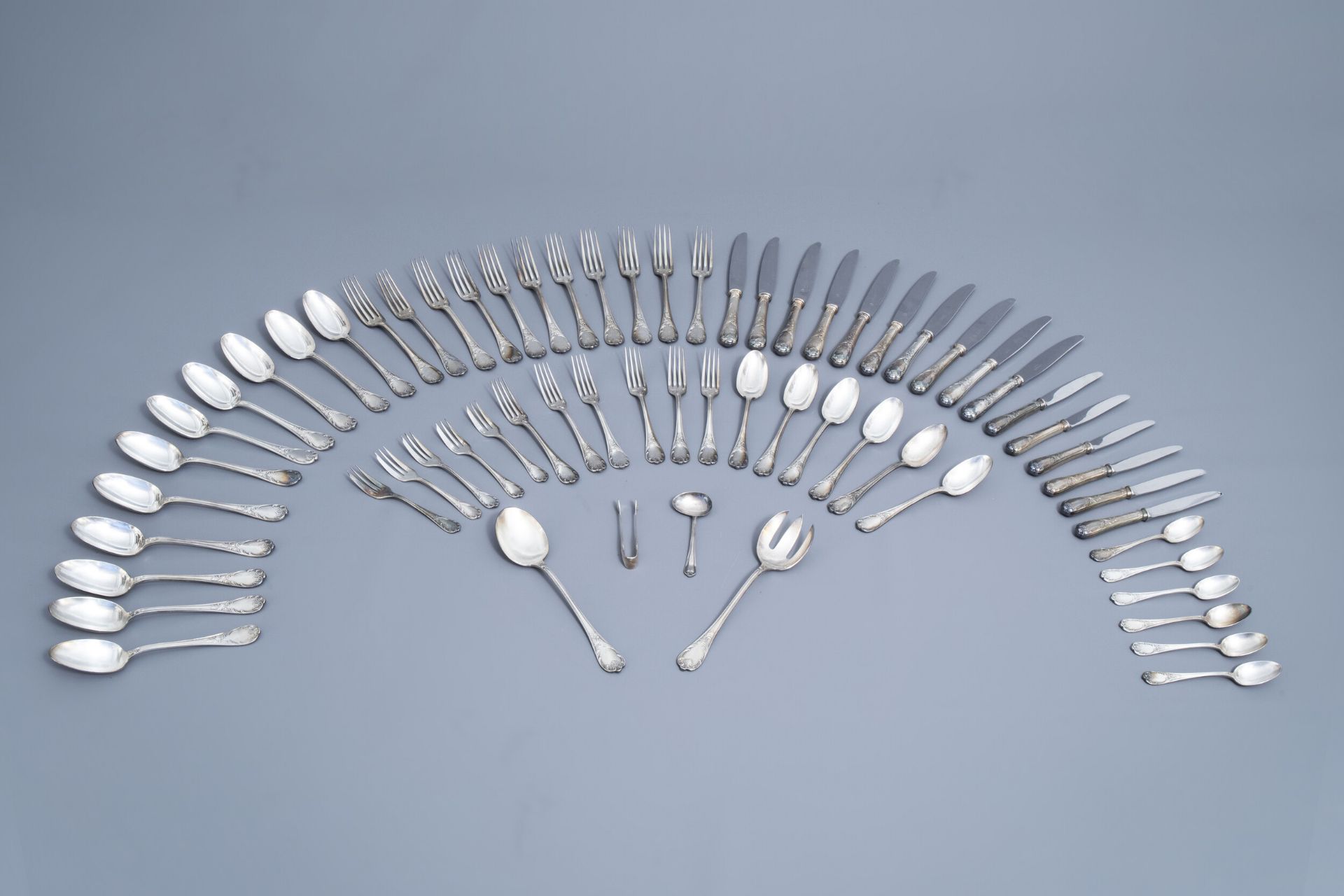 A French 65-piece silver plated rococo style cutlery set, model Marly, Christofle, 20th C.