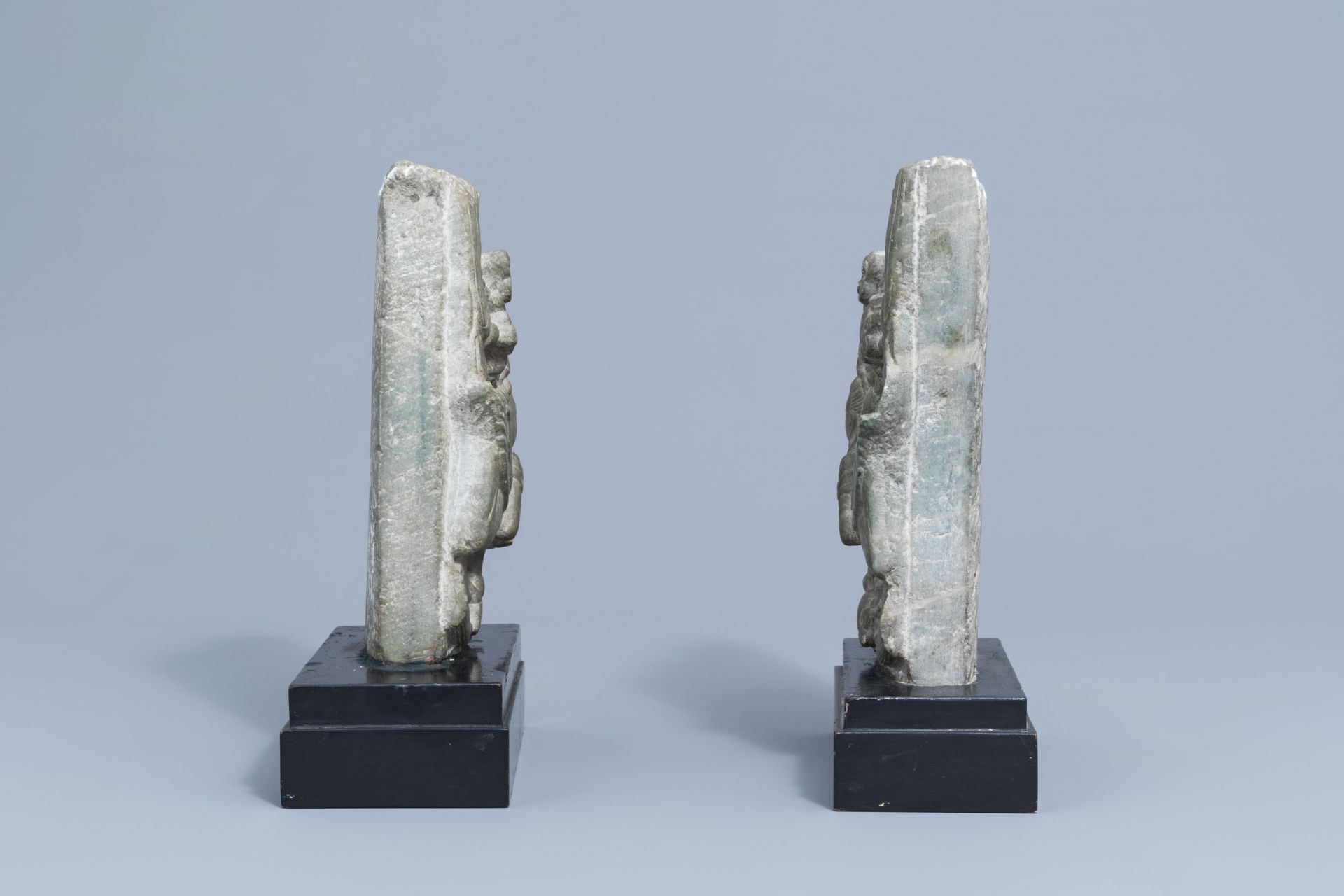 Two Chinese carved stone fragments with winged ladies, 20th C. - Image 3 of 7