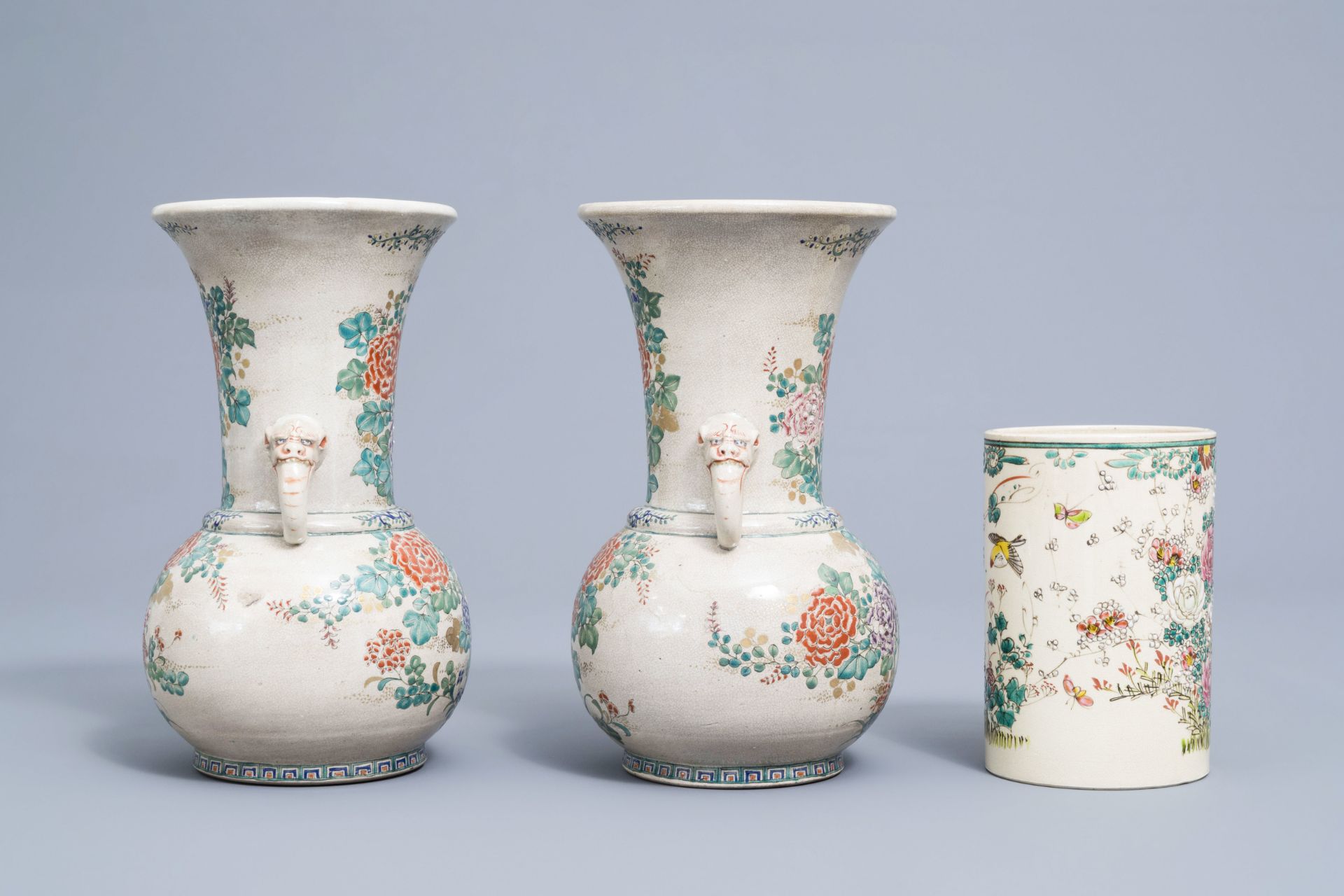 A Japanese celadon 'dragon' dish, a pair of Satsuma vases and a brush pot, Meiji, 19th C. - Image 3 of 9