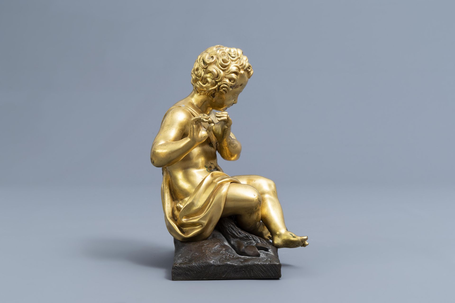 French school: A flute player with a goat, gilt and patinated bronze on a gilt mounted wooden base, - Image 3 of 13