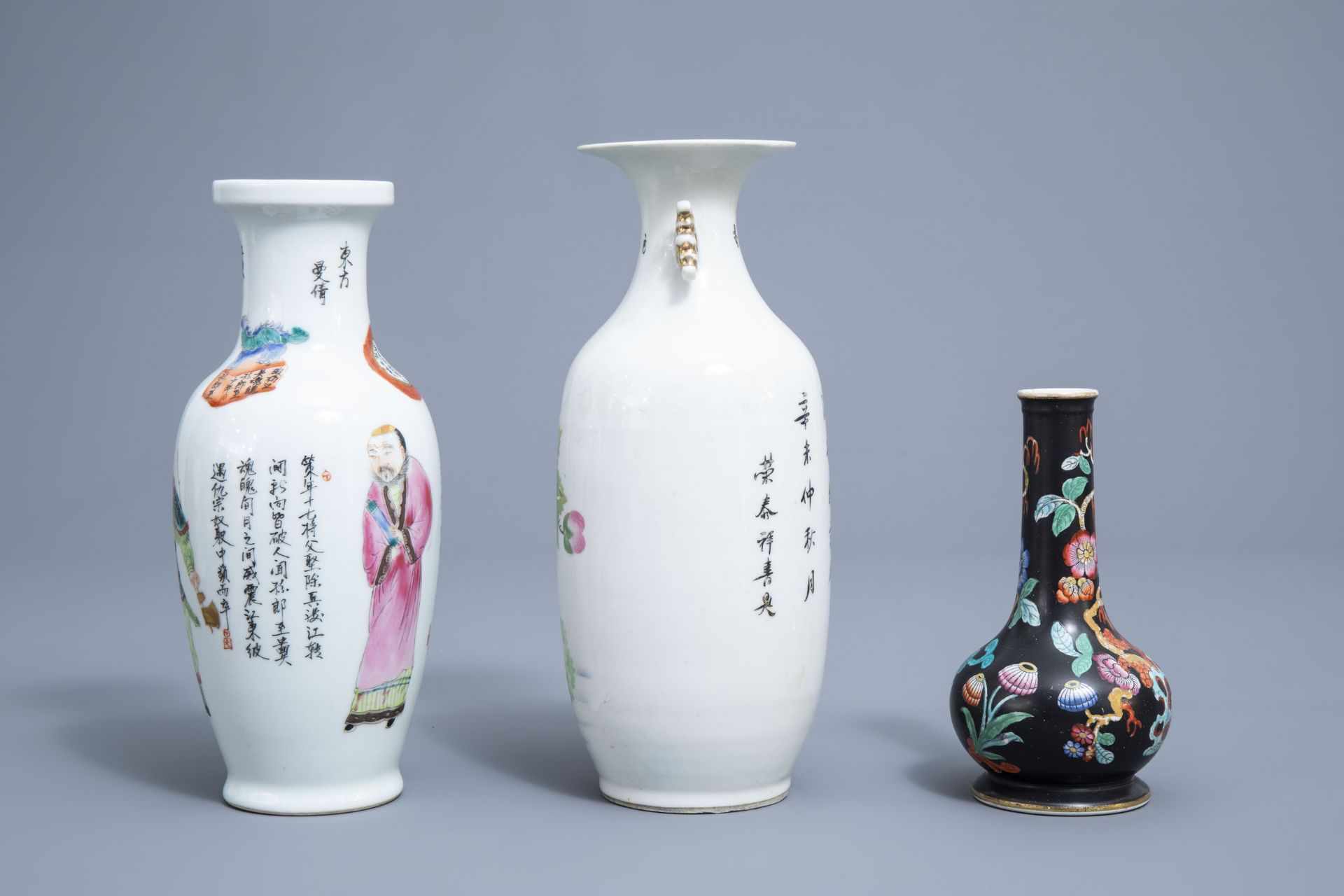 Three Chinese famille rose vases and a jar and cover with figures in a landscape, 19th/20th C. - Image 5 of 14