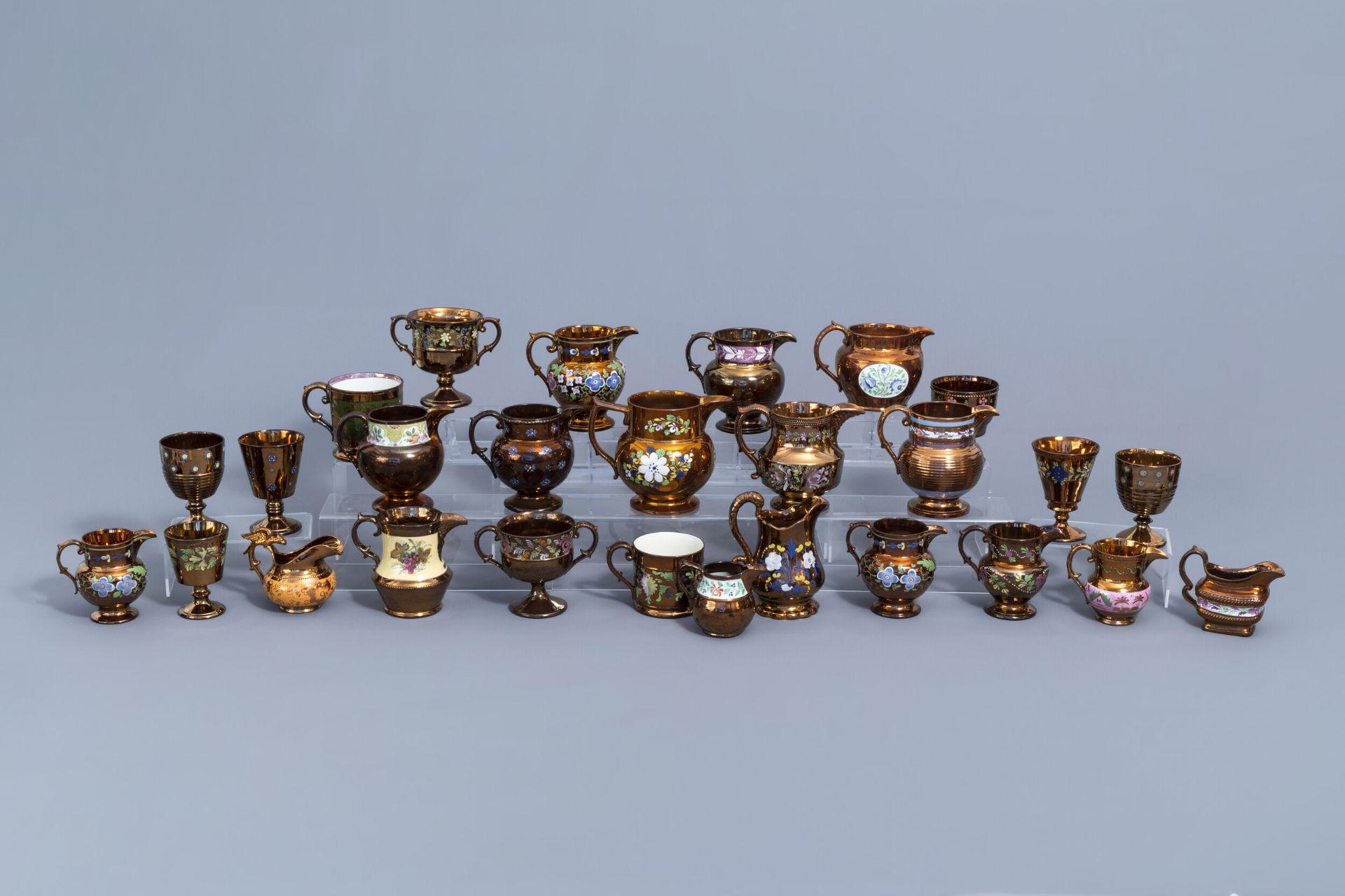 A varied collection of English lustreware items with polychrome floral design, 19th C. - Image 2 of 50