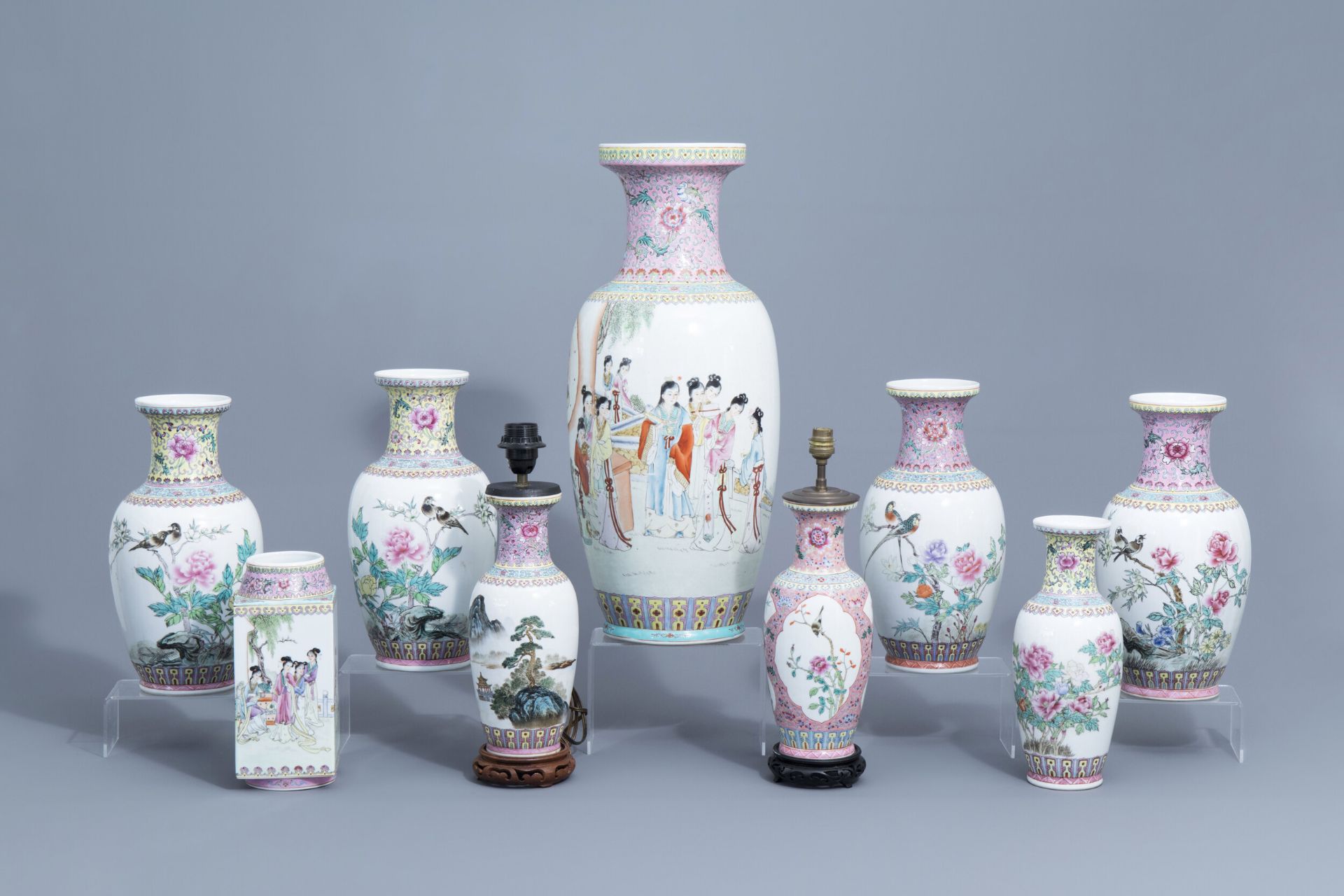 A varied collection of nine Chinese famille rose vases, 20th C.