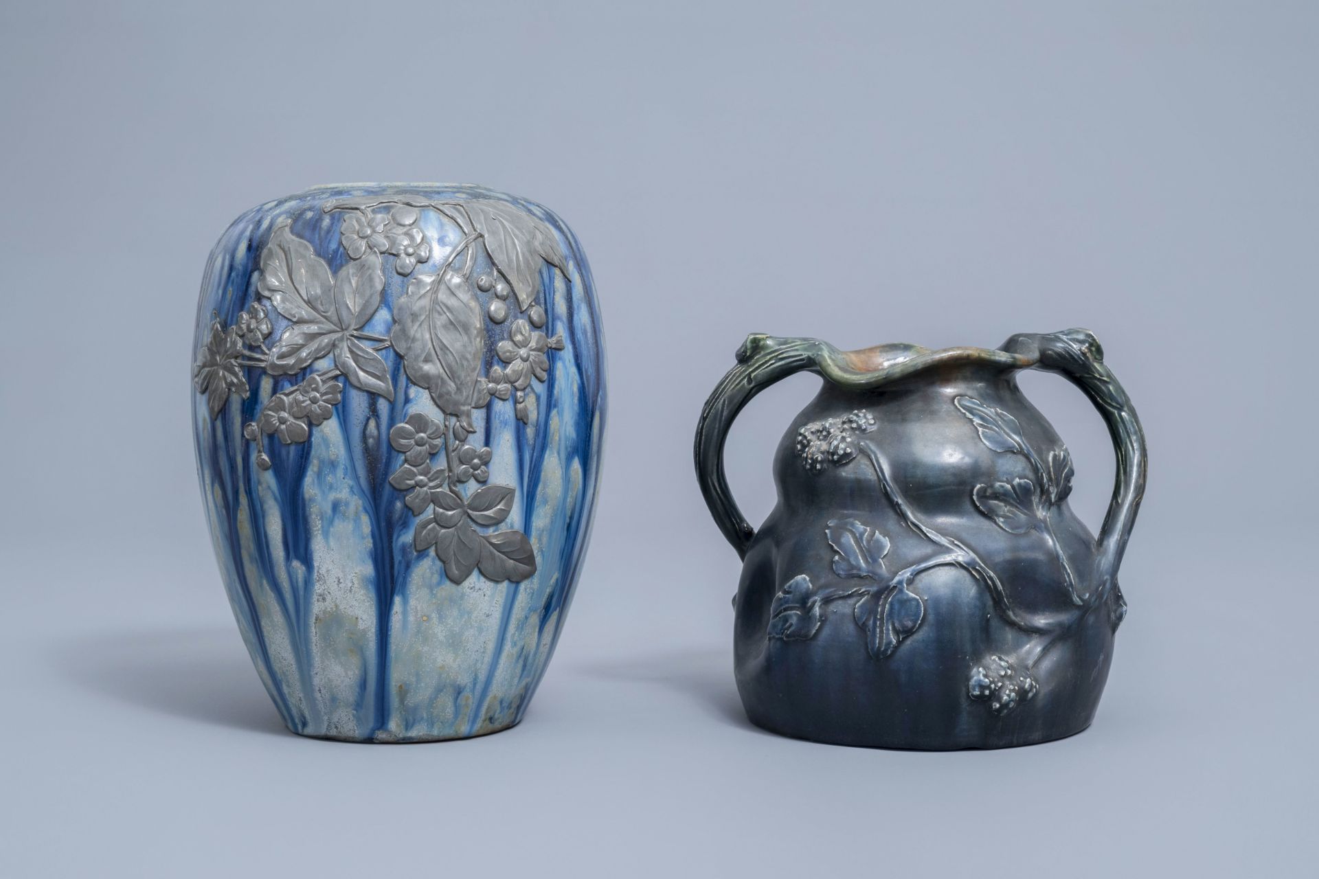 Five various polychrome decorated Art Nouveau vases and a LunŽville plate, various origins, 20th C. - Image 16 of 40