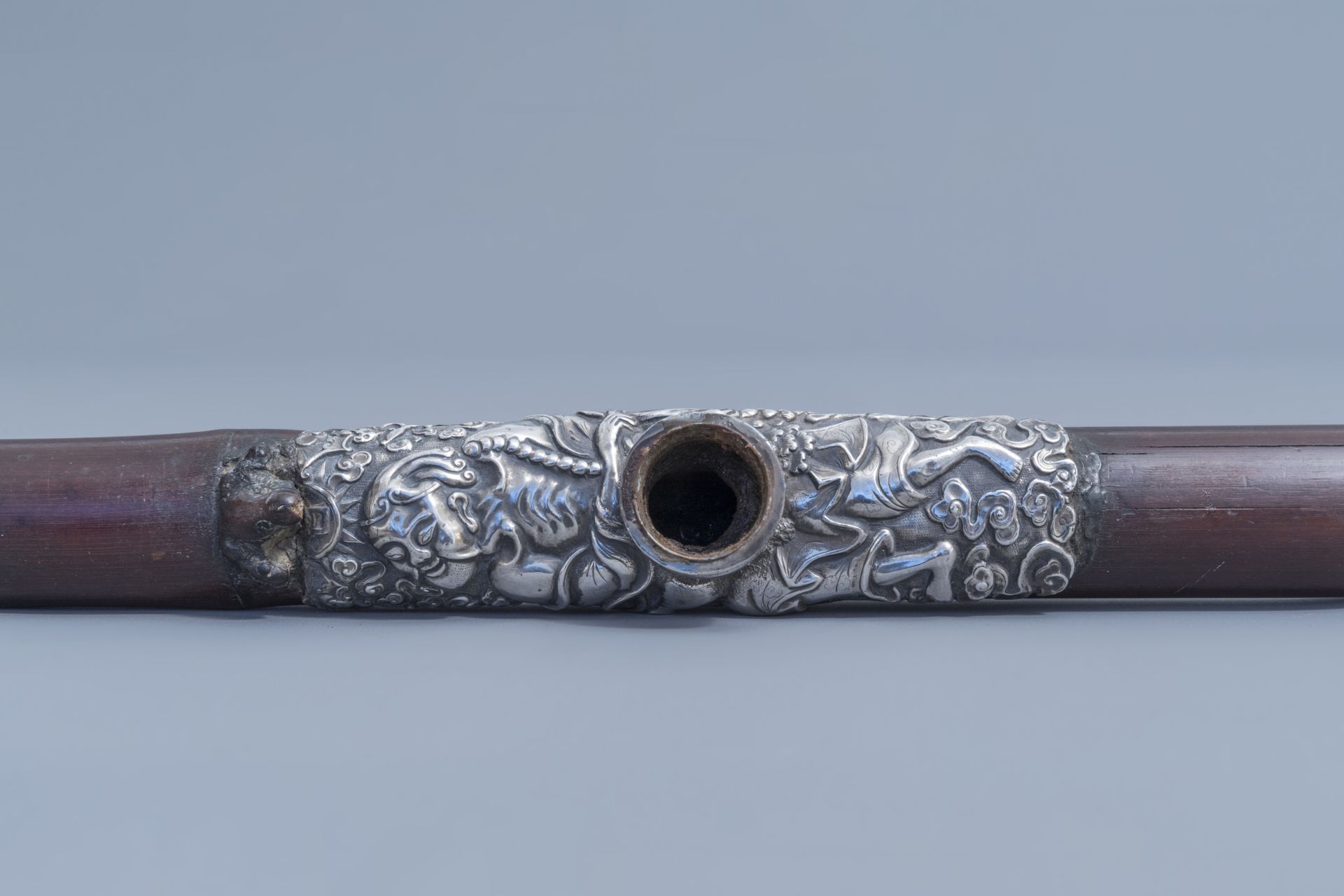 Two Chinese bamboo opium pipes finished with silver, jade, ivory and stoneware, 19th C. - Image 8 of 8