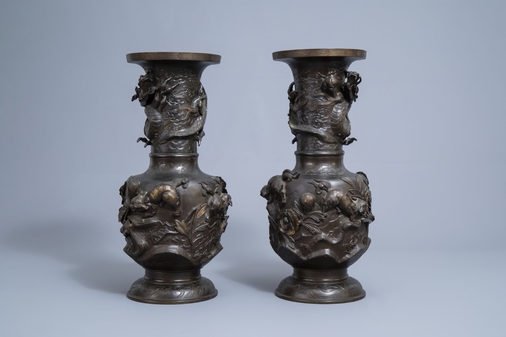 A pair of impressive Japanese partly gilt bronze vases with Gagneau mounts, Meiji, 19th C. - Image 15 of 40