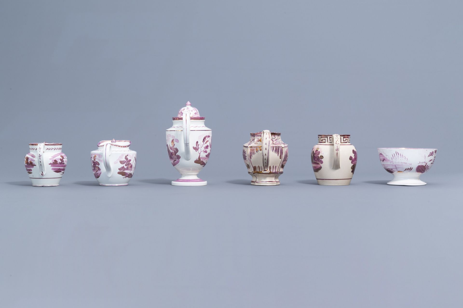A varied collection of English pink lustreware items with a cottage in a landscape, 19th C. - Image 38 of 50