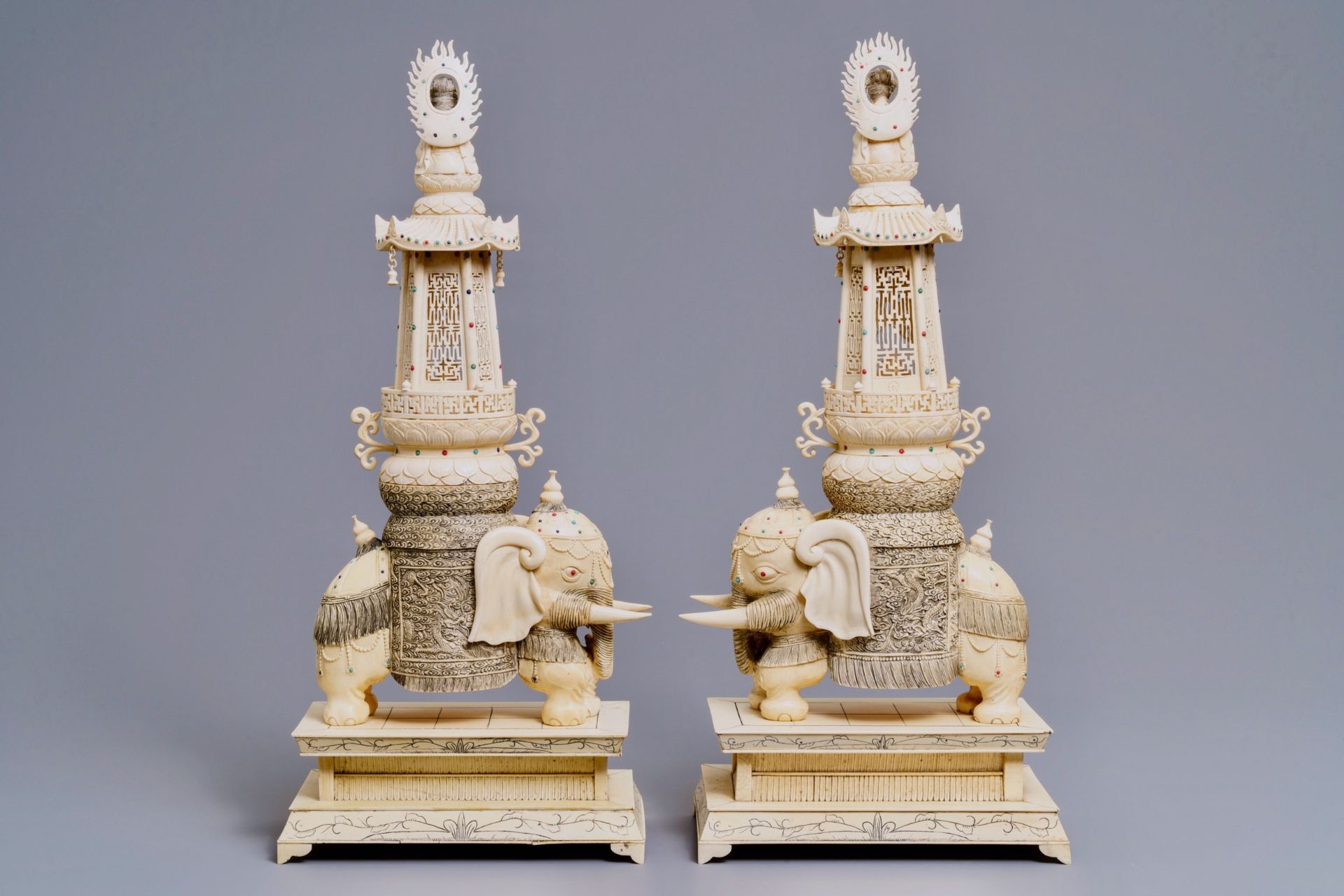 A pair of large inlaid Chinese ivory groups of Buddha and Guanyin on an elephant, 19th C. - Image 2 of 8