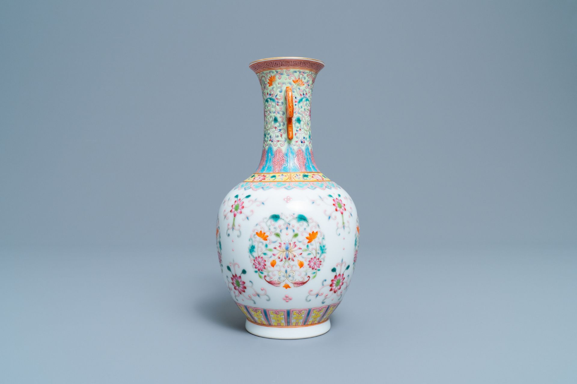 A Chinese famille rose vase with floral design, Qianlong mark, Republic, 20th C. - Image 4 of 6