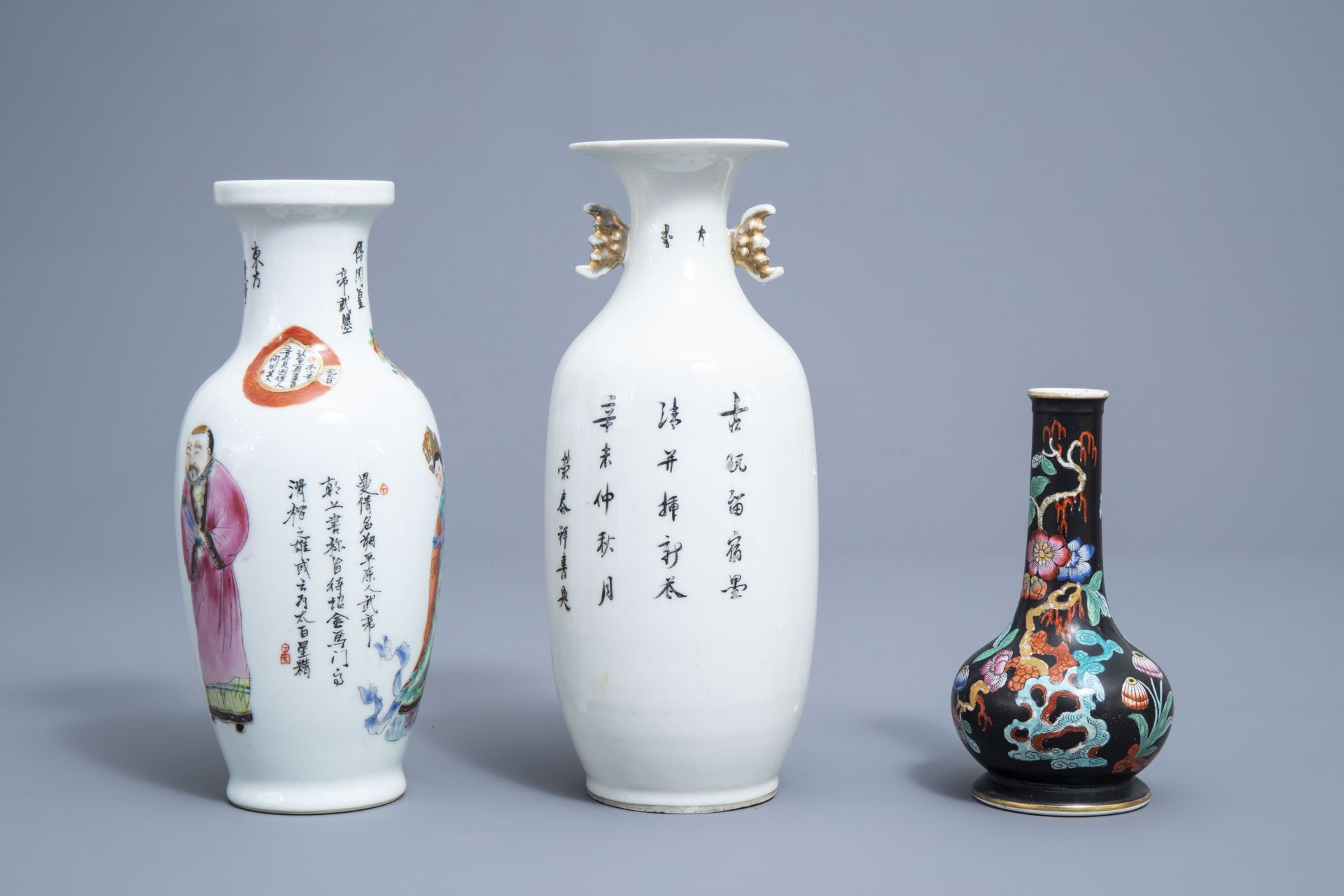 Three Chinese famille rose vases and a jar and cover with figures in a landscape, 19th/20th C. - Image 4 of 14