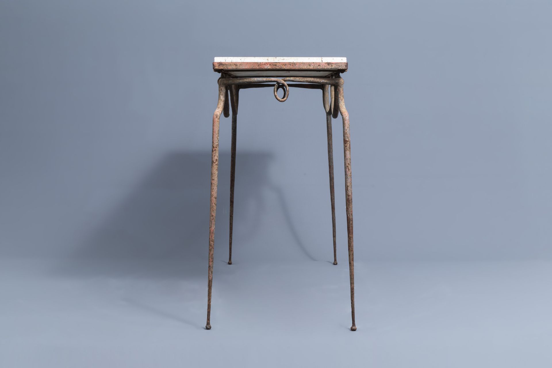 Attr. to RenŽ Prou (1889-1947): A wrought iron console with 'pierre de Bourgogne' top, mid 20th C. - Image 3 of 9