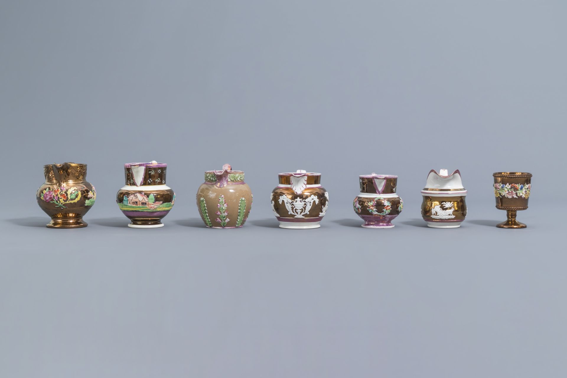 A varied collection of English lustreware items with relief design, 19th C. - Image 33 of 50