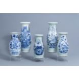 Five various Chinese blue, white and celadon vases, 19th/20th C.