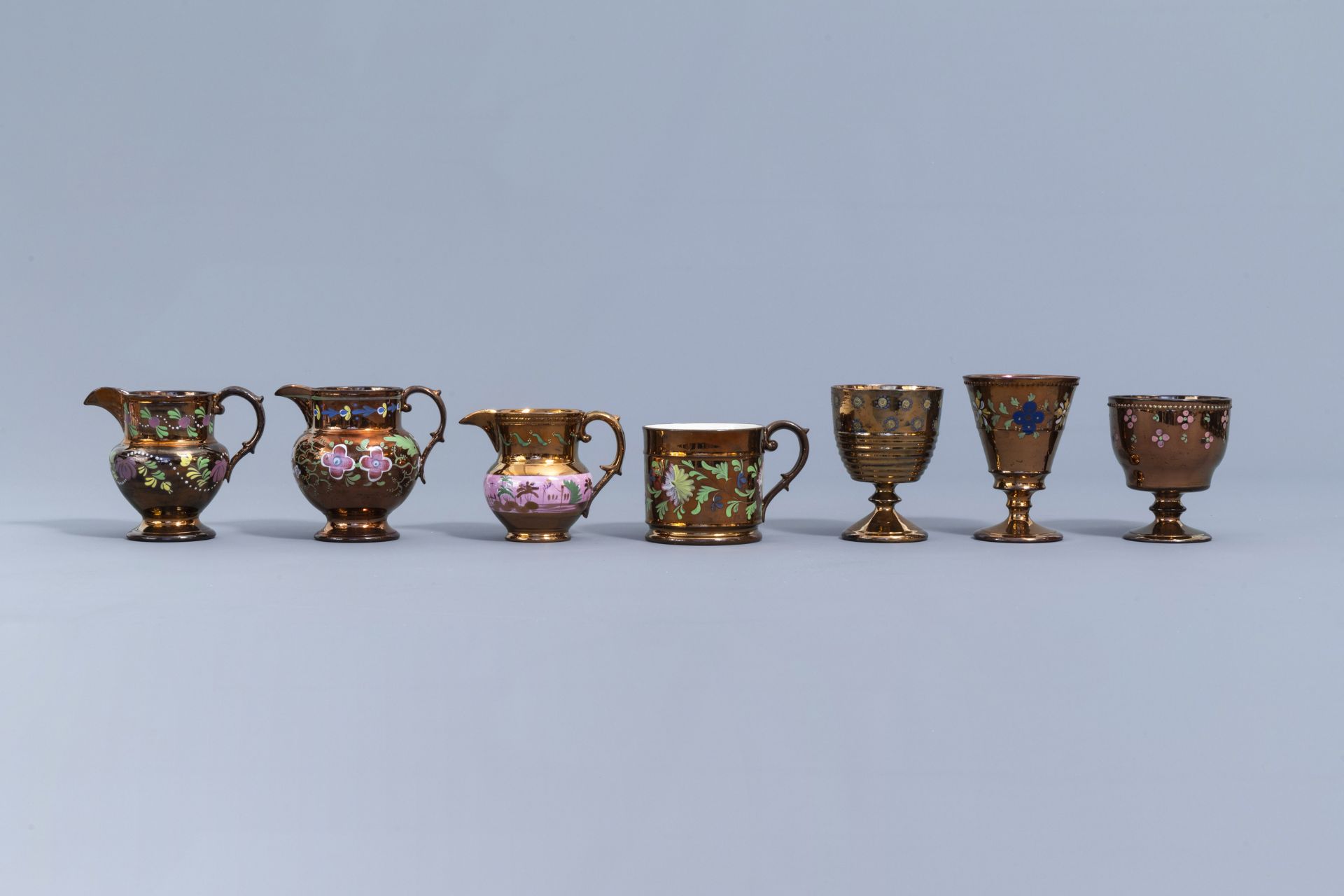 A varied collection of English lustreware items with polychrome floral design, 19th C. - Image 19 of 50