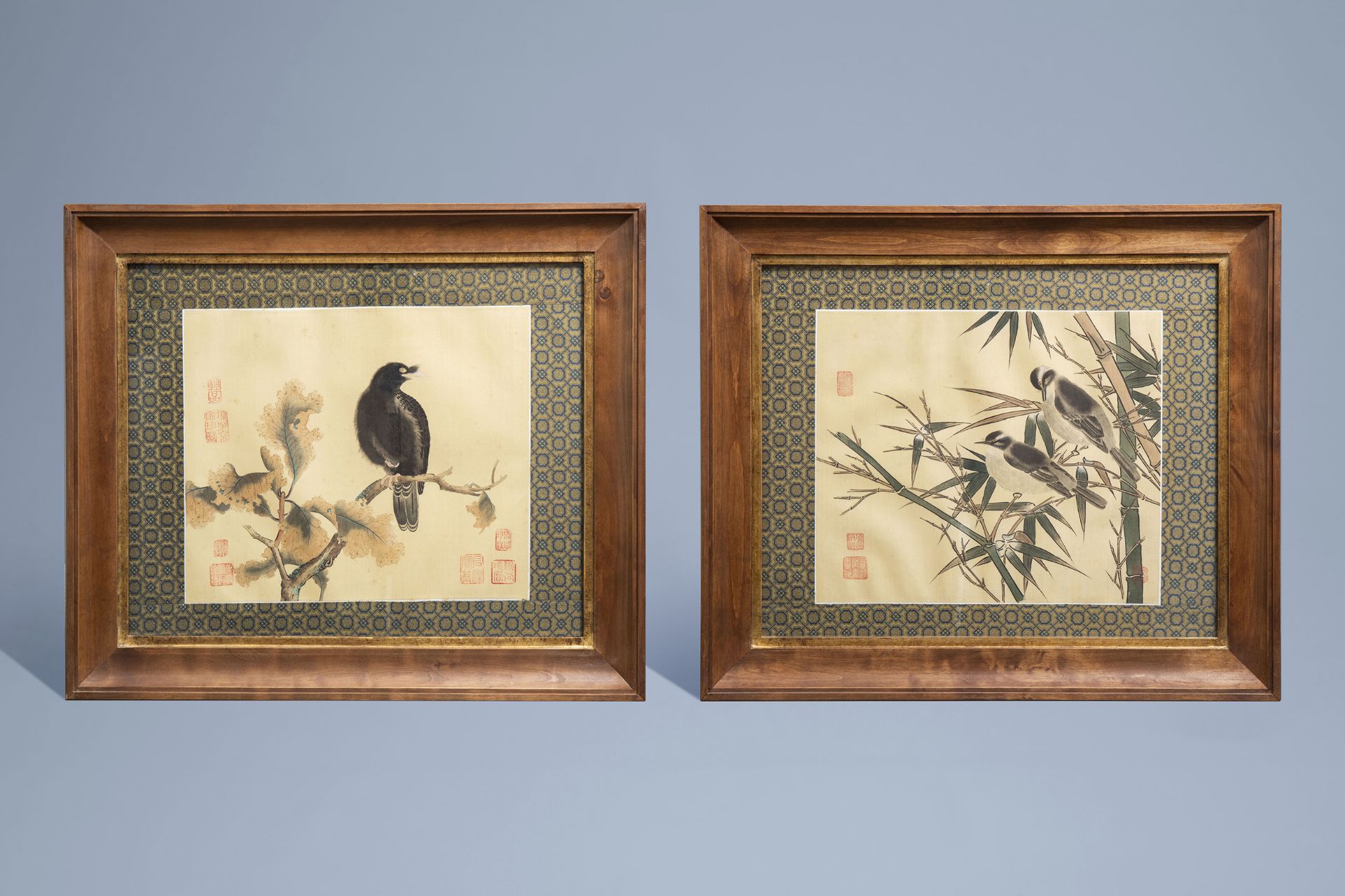 Chinese school, ink and colours on silk, 19th/20th C.: Ten paintings of birds between blossoms - Image 12 of 62