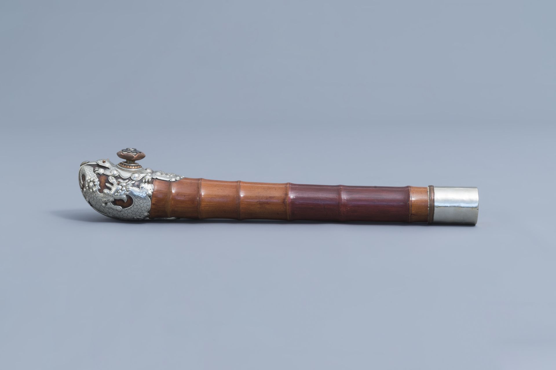 A Chinese bamboo silver and copper mounted opium pipe, 19th C. - Image 3 of 7
