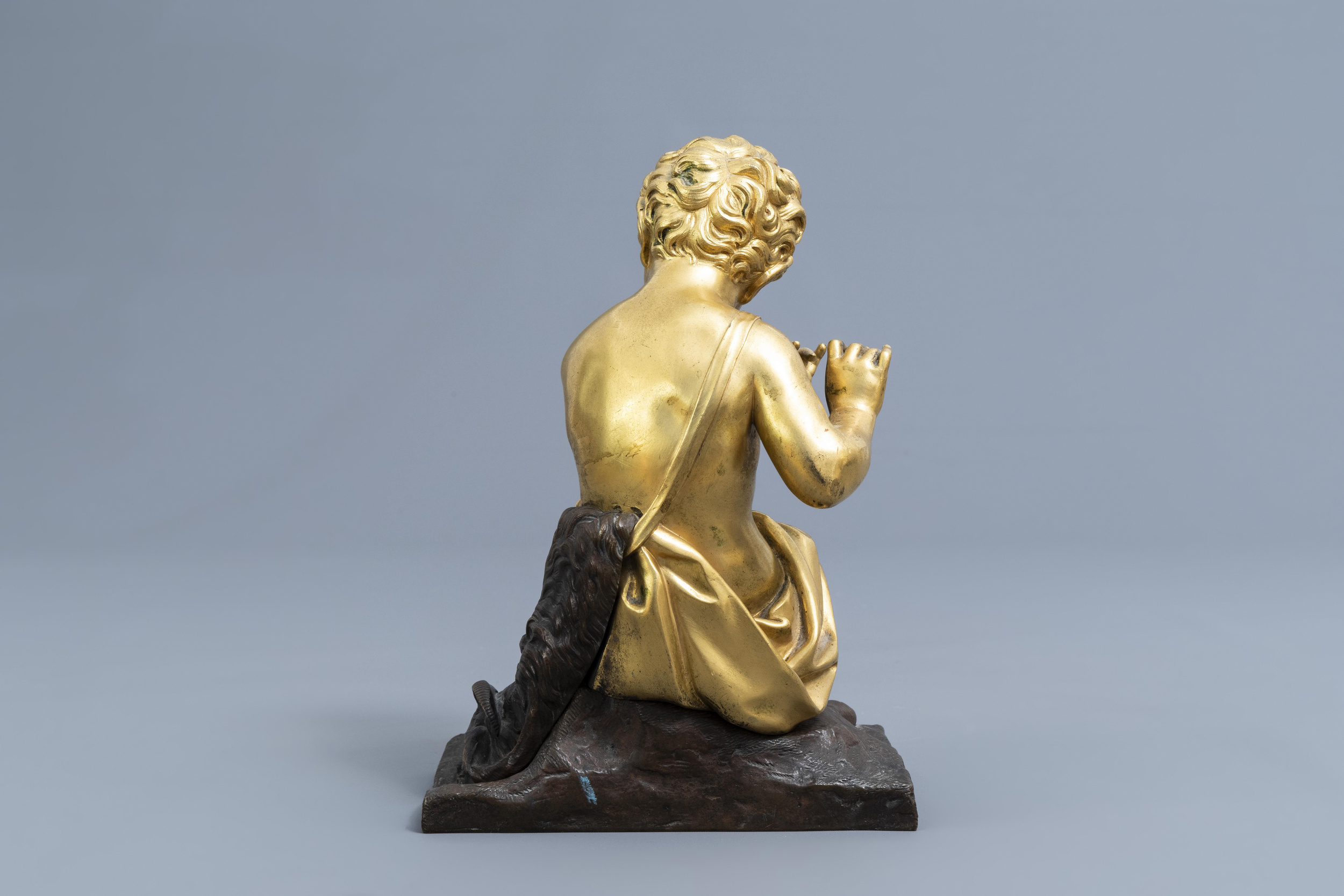 French school: A flute player with a goat, gilt and patinated bronze on a gilt mounted wooden base, - Image 4 of 13
