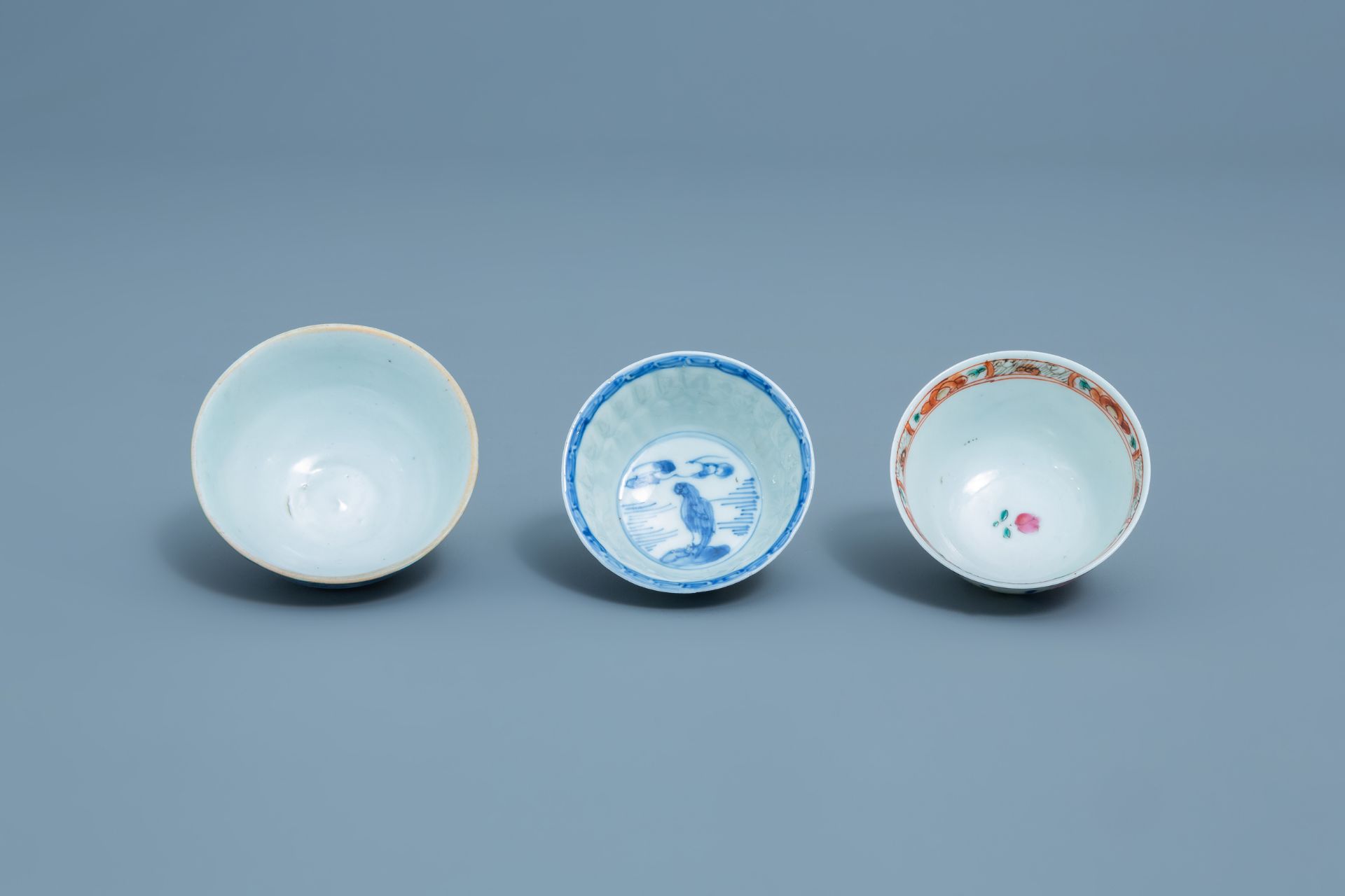 Three Chinese blue, white and famille rose cups and three saucers, Kangxi and later - Image 16 of 18