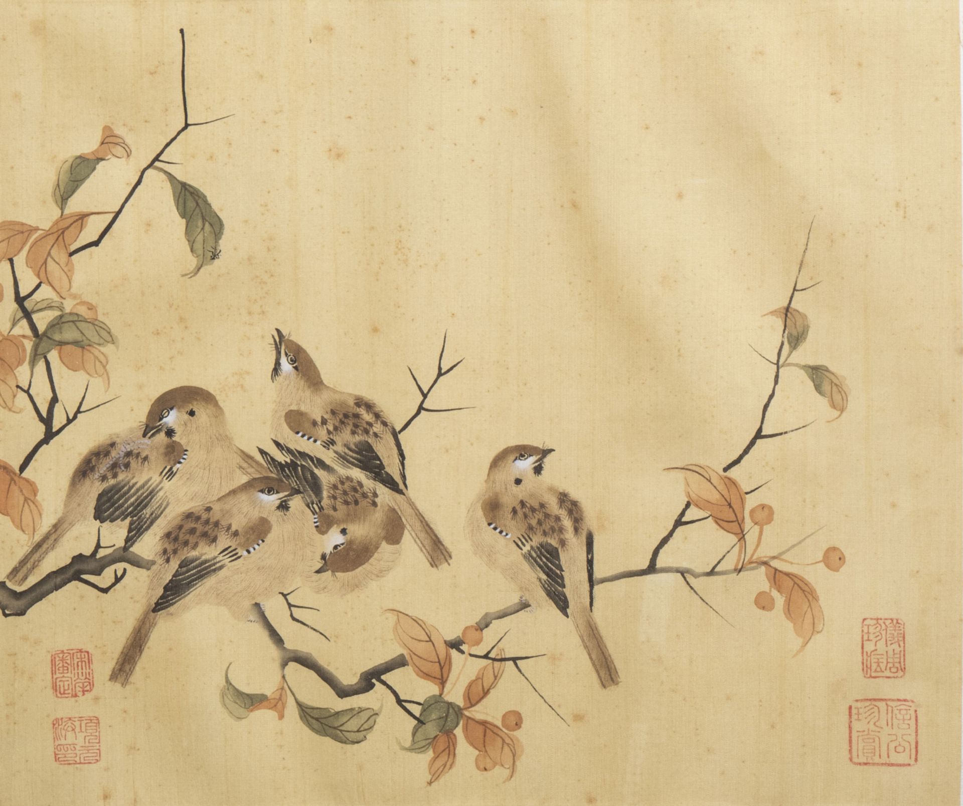 Chinese school, ink and colours on silk, 19th/20th C.: Ten paintings of birds between blossoms - Image 6 of 62