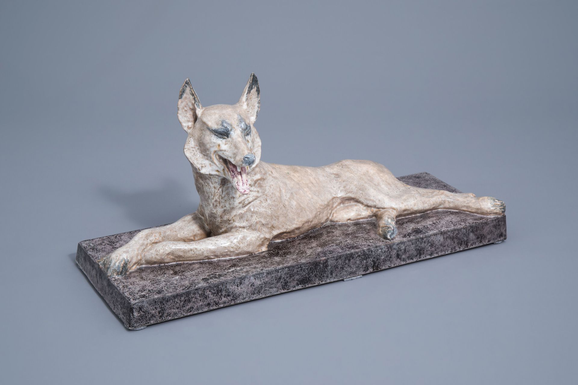 Maurice Guiraud-Rivire (1881-1947): Lying dog, polychrome glazed earthenware, Art Deco period