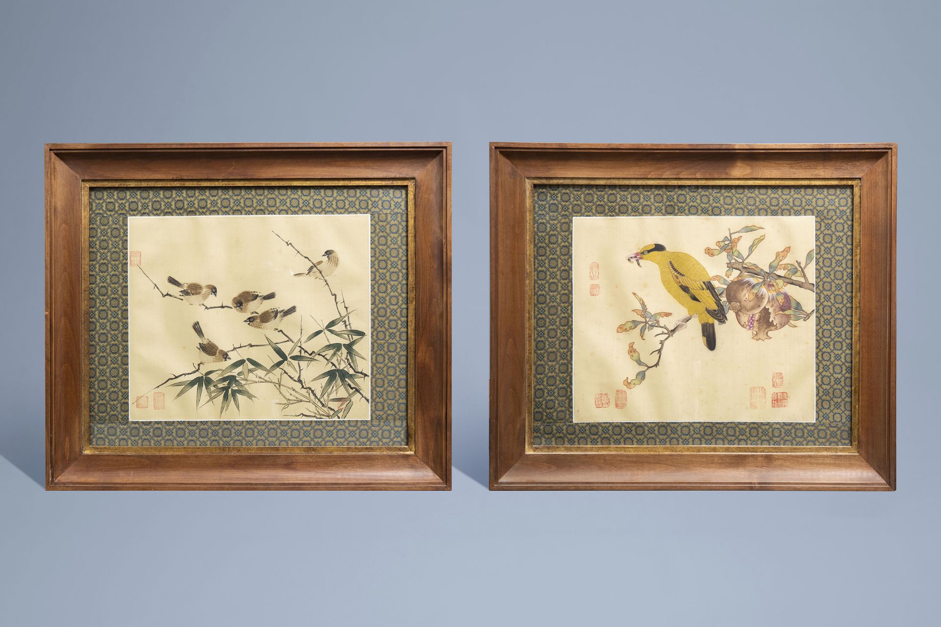 Chinese school, ink and colours on silk, 19th/20th C.: Ten paintings of birds between blossoms - Image 20 of 62