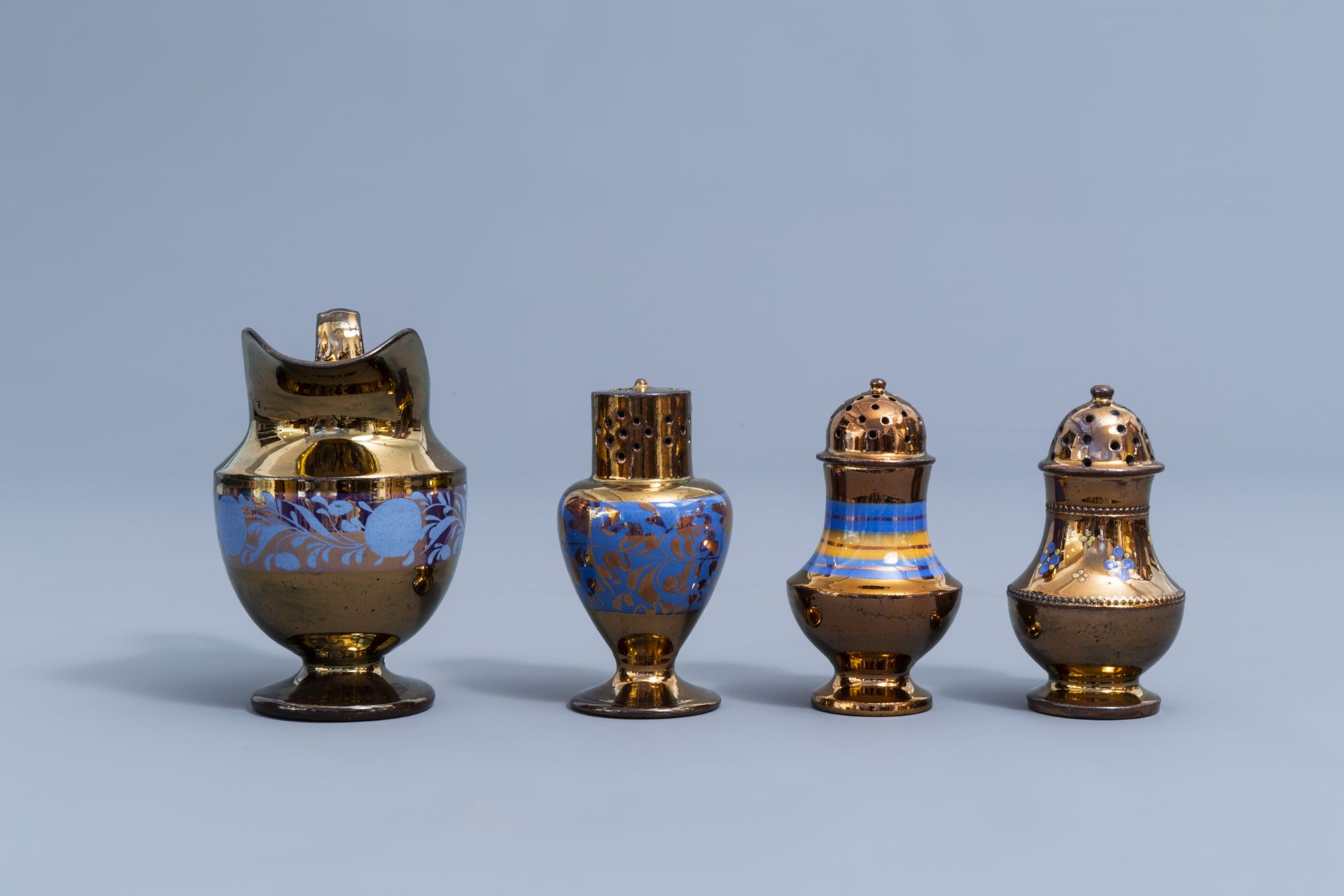 A varied collection of English lustreware items with blue design, 19th C. - Image 9 of 50