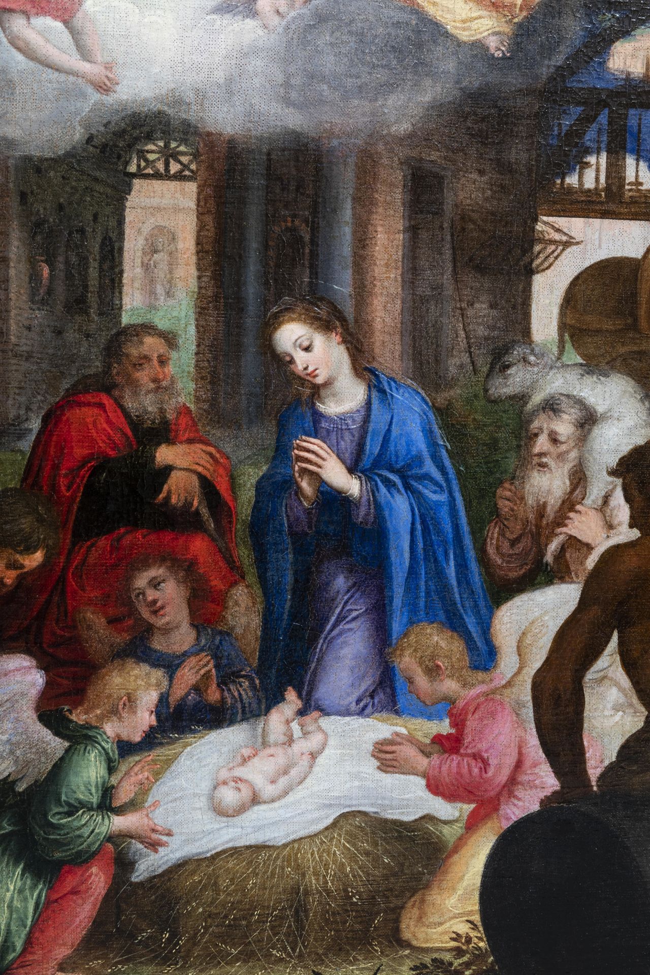 Venetian school: The adoration of the shepherds, oil on canvas, late 16th C. - Image 4 of 6