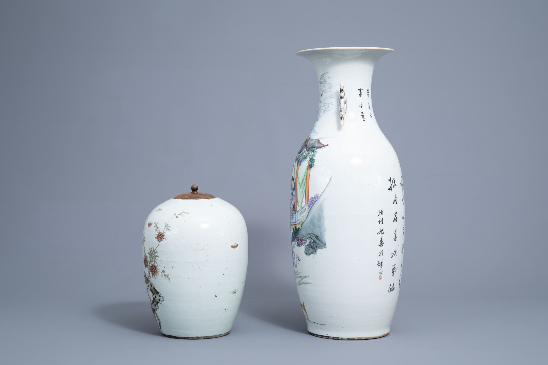 A Chinese famille rose vase with ladies and a ginger jar with birds among branches, 19th/20th C. - Image 4 of 8