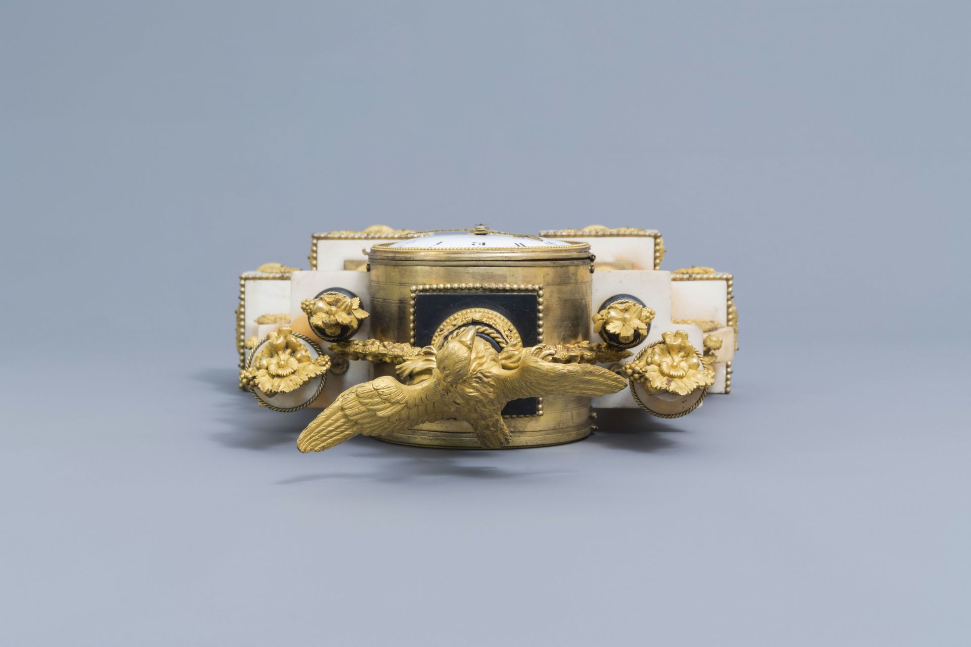 A French Louis XVI gilt bronze mounted white and black marble portico clock with an eagle, ca. 1800 - Image 12 of 13