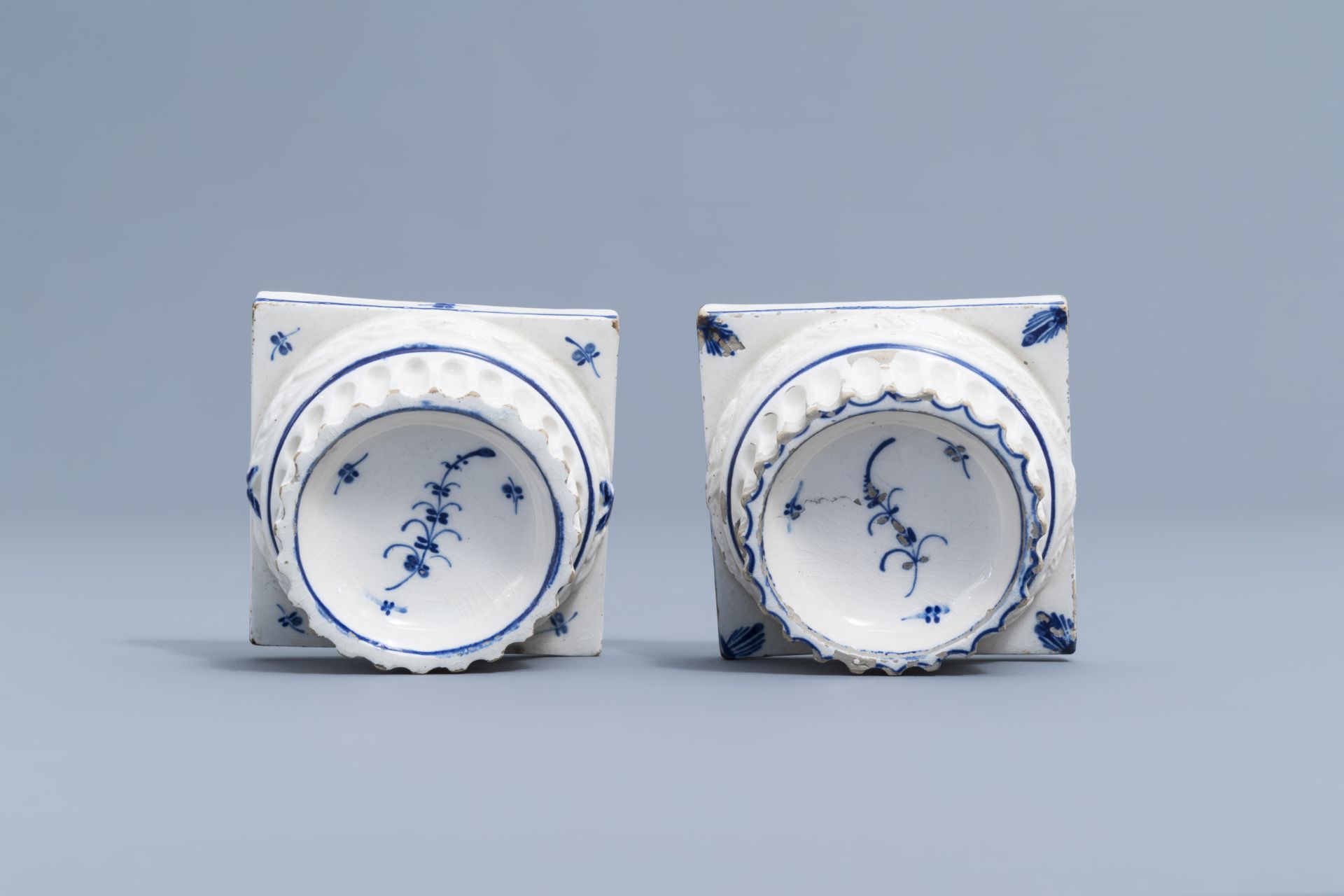 A pair of bue and white faience fine salts and five cream jars, Luxemburg and France, 18th/19th C. - Image 43 of 46