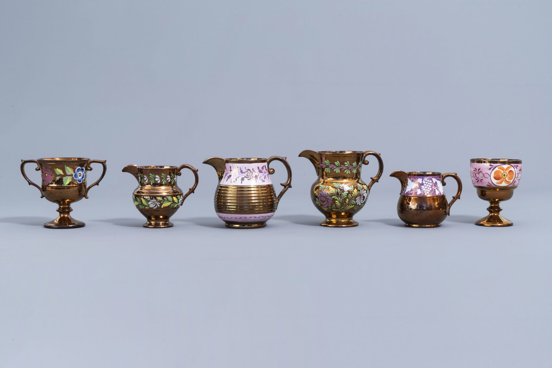 A varied collection of English lustreware items with polychrome floral design, 19th C. - Image 35 of 64