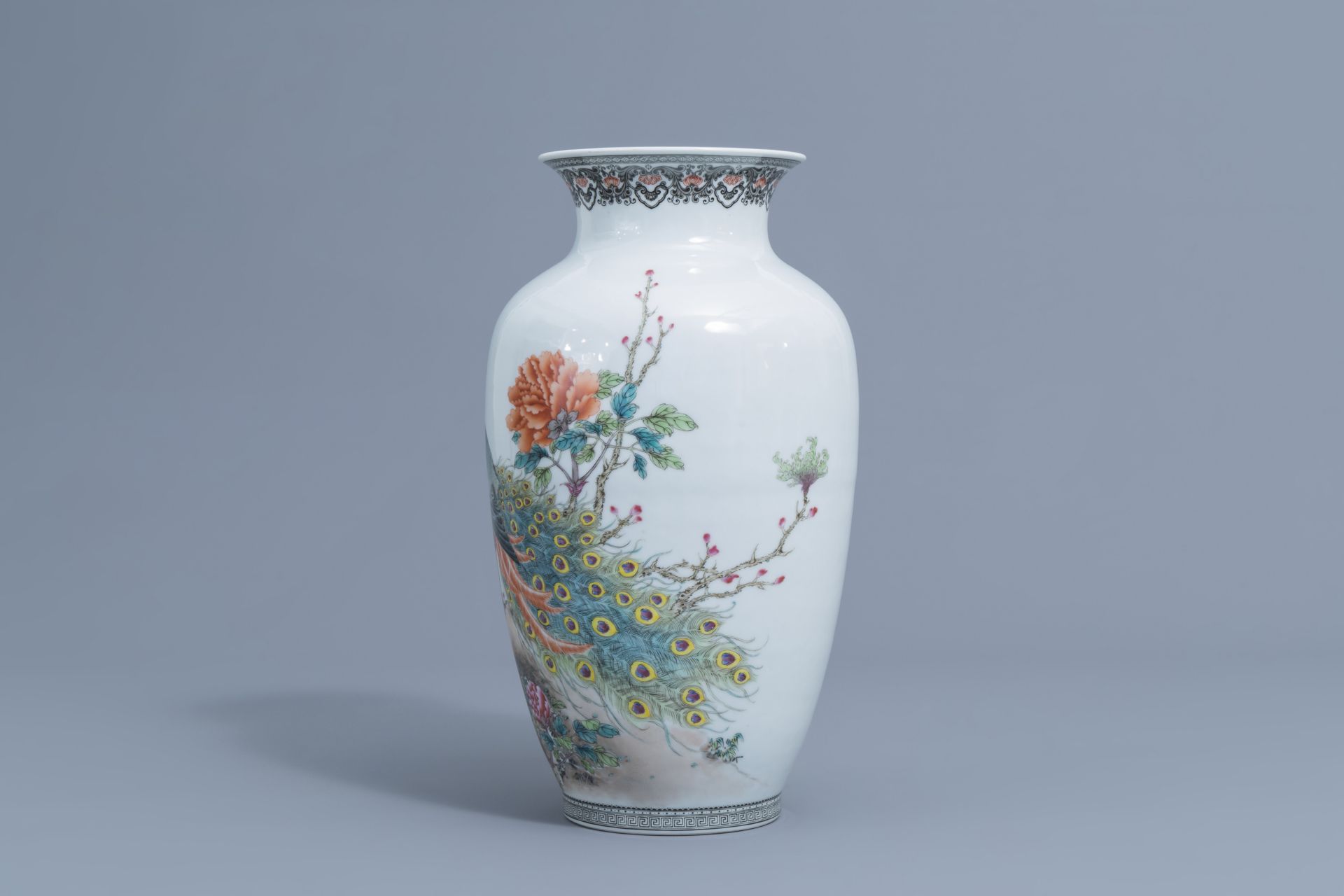 A Chinese famille rose vase with a peacock among blossoming branches, Republic, 20th C. - Image 4 of 6