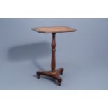 An English tripod wood side table with burl wood top, 19th C.