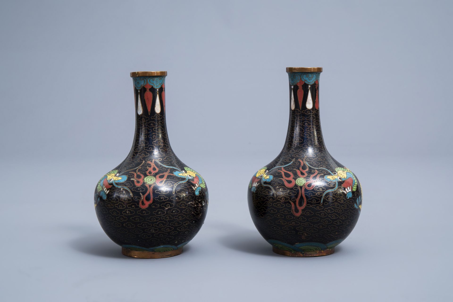 A Chinese cloisonne incense burner and two pairs of vases with dragon design, 20th C. - Image 14 of 19