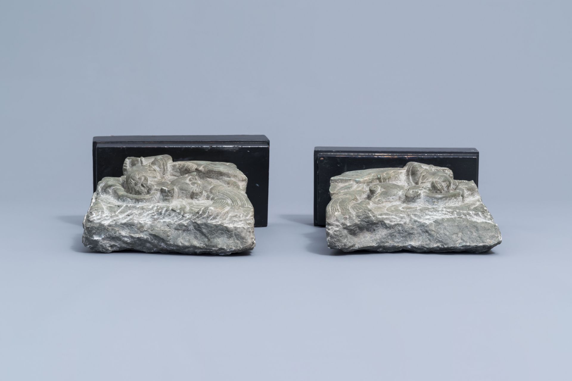 Two Chinese carved stone fragments with winged ladies, 20th C. - Image 7 of 7