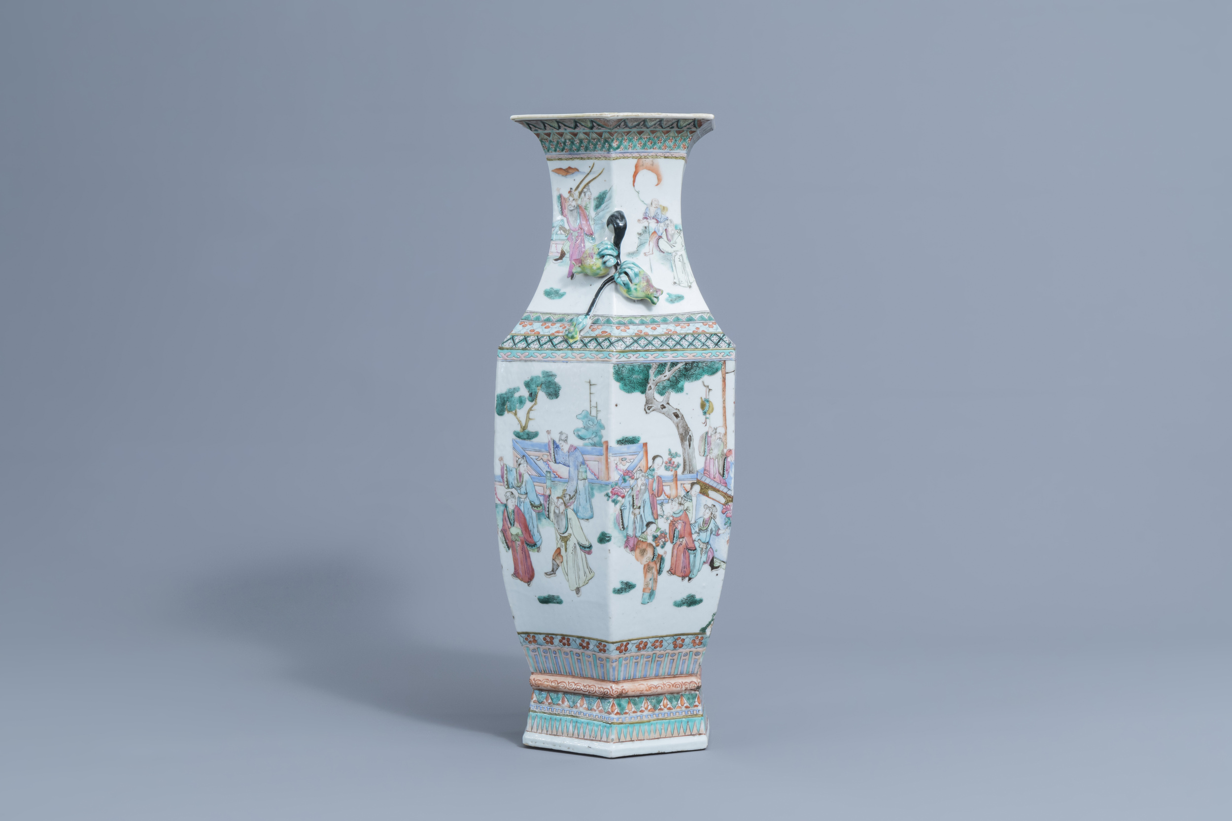 A Chinese hexagonal famille rose vase with figurative design, 19th C. - Image 2 of 6