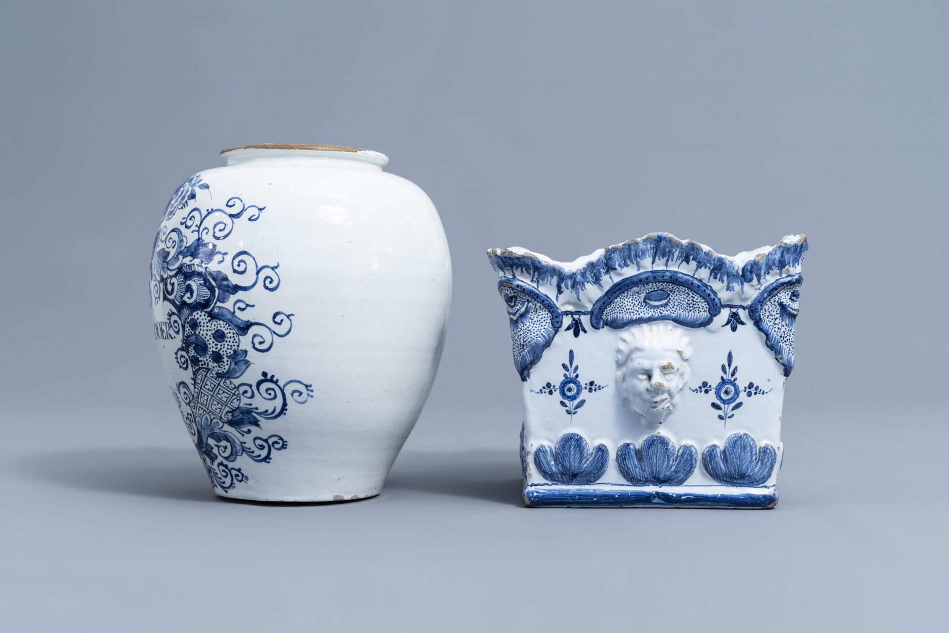 A Dutch Delft blue and white tobacco jar, a French jardinire and a Chinese ginger jar, 18th C. - Image 10 of 38