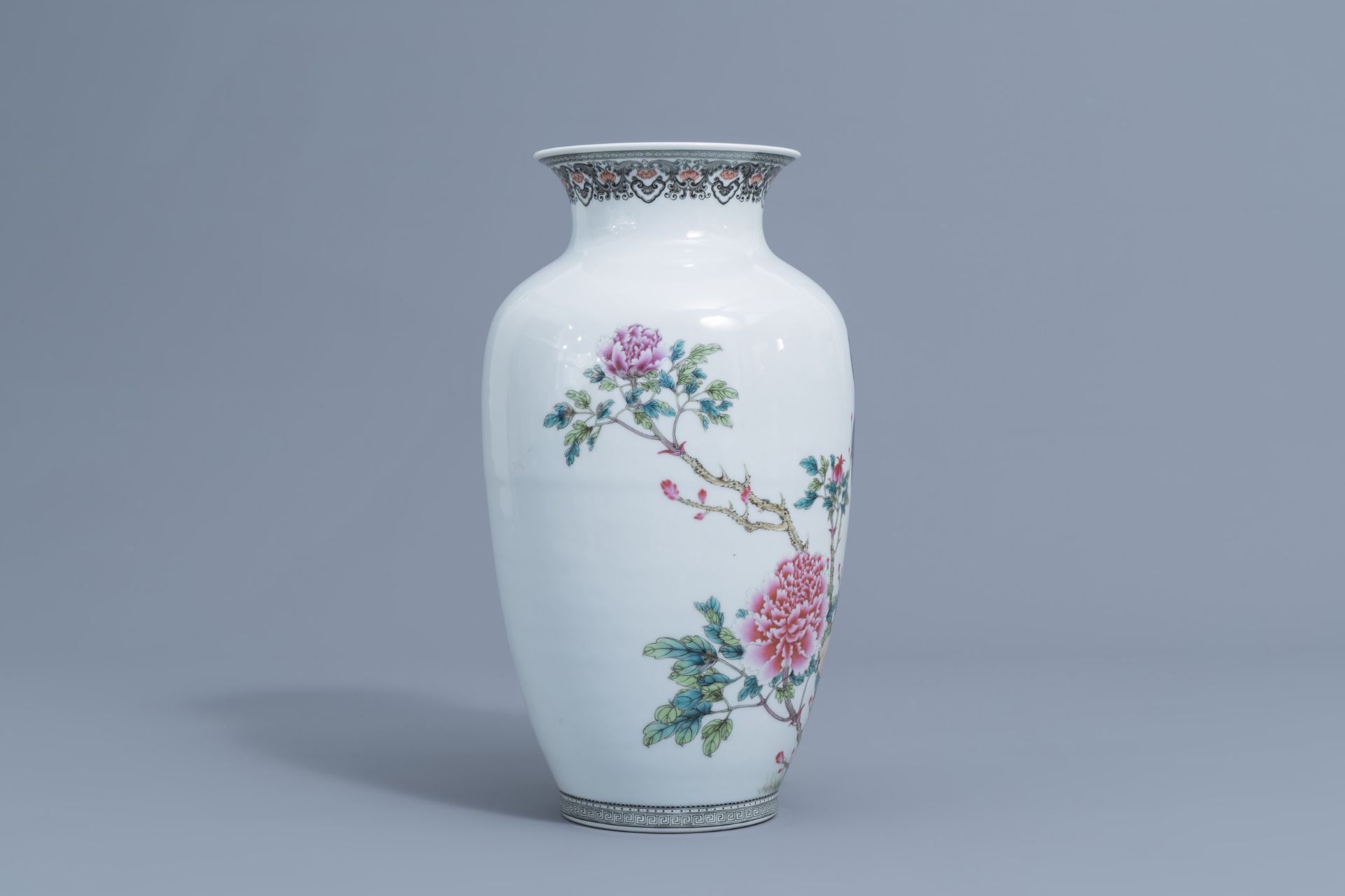 A Chinese famille rose vase with a peacock among blossoming branches, Republic, 20th C. - Image 2 of 6