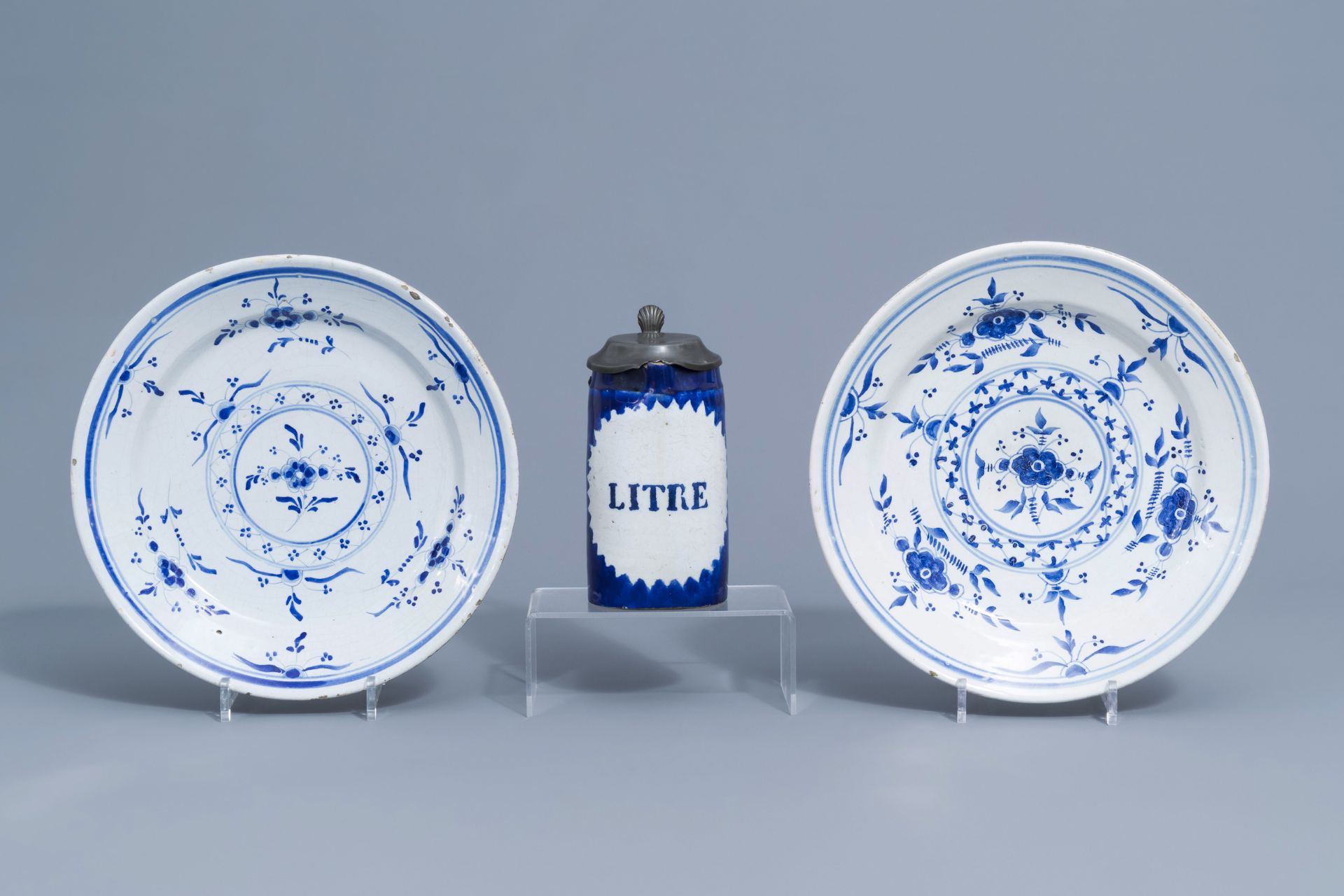 Two blue and white Brussels faience plates and a beer mug, 19th C. - Image 4 of 28