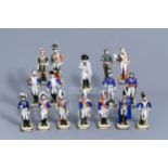 Sixteen figures from Napoleon's army in polychrome Saxon porcelain, Scheibe-Alsbach mark, 20th C.