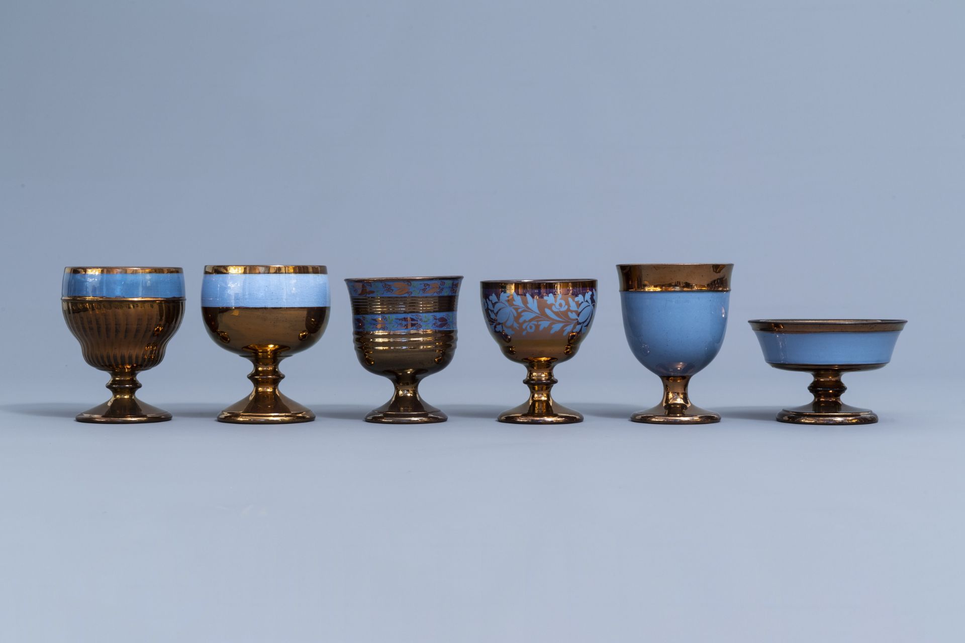 A varied collection of English lustreware items with blue design, 19th C. - Image 29 of 50