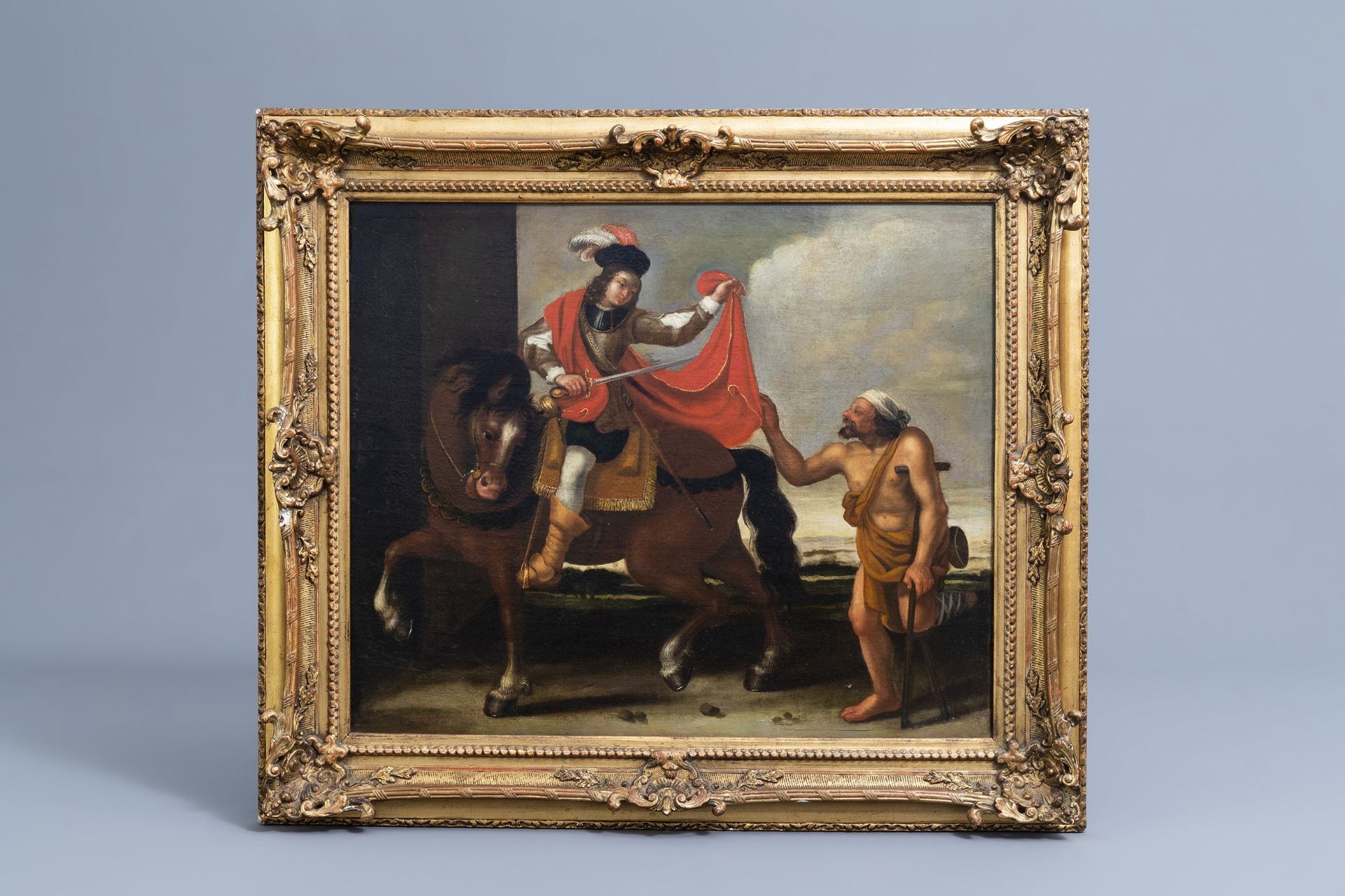 Flemish school: Saint Marten dividing his cloak, oil on canvas, 17th C. - Image 2 of 5
