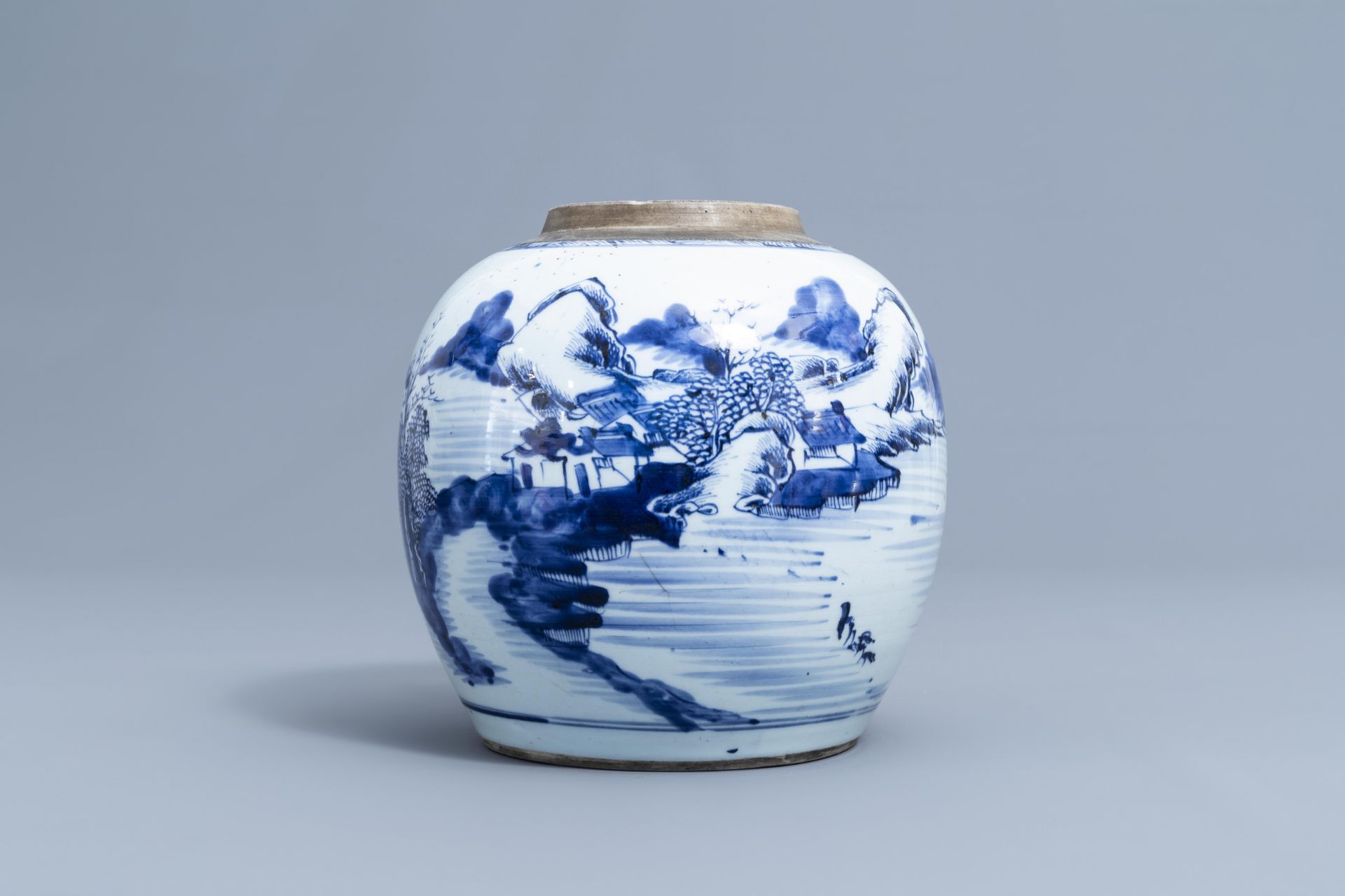 A Dutch Delft blue and white tobacco jar, a French jardinire and a Chinese ginger jar, 18th C. - Image 16 of 38