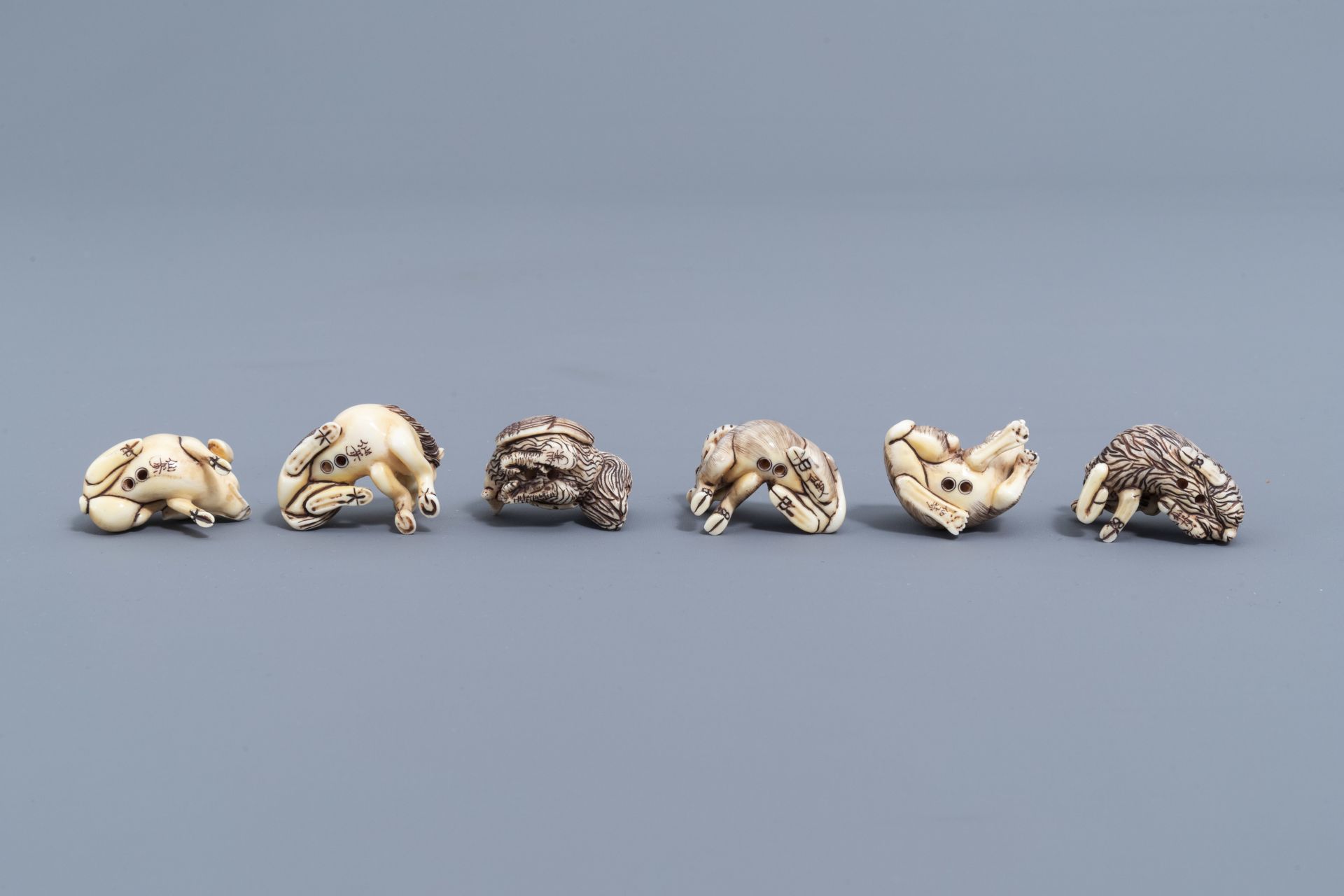 Twelve Japanese animal shaped netsuke in their display cabinet, first half of the 20th C. - Image 20 of 27