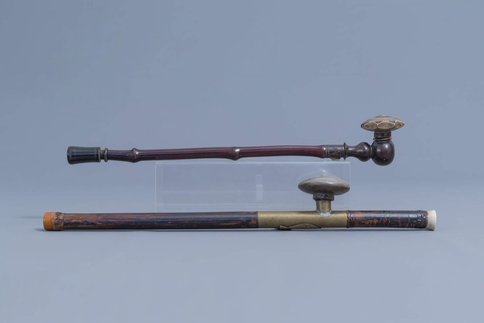 Two Chinese bamboo opium pipes finished with brass, jade, ivory and stoneware, ca. 1900 - Image 2 of 18