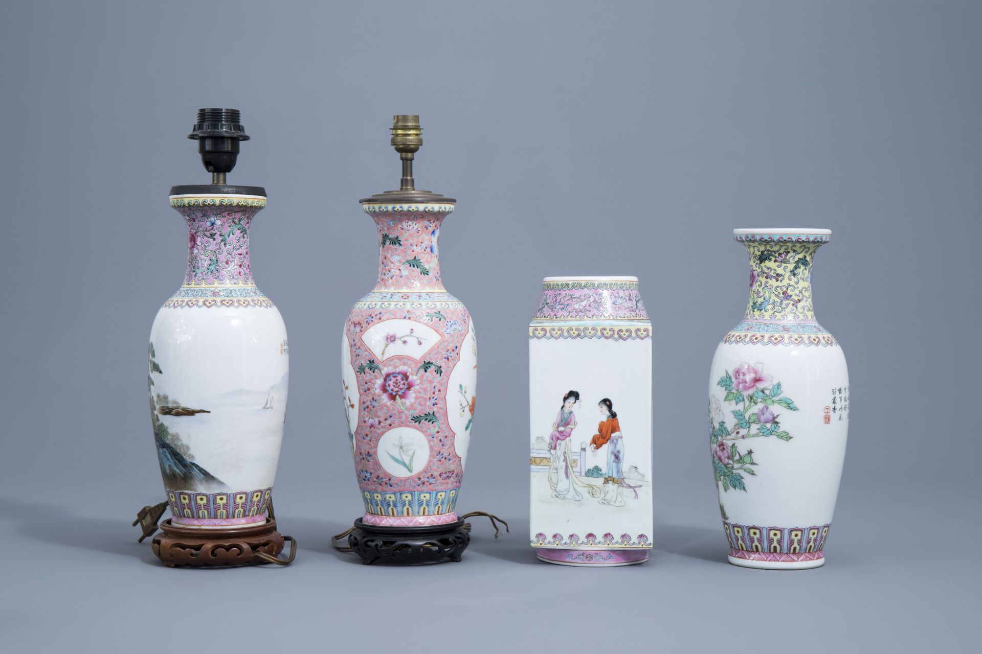 A varied collection of nine Chinese famille rose vases, 20th C. - Image 11 of 20