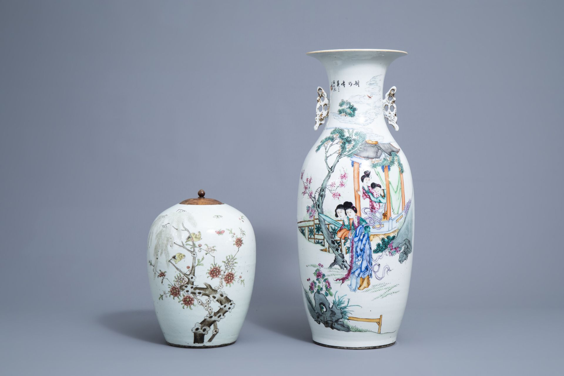 A Chinese famille rose vase with ladies and a ginger jar with birds among branches, 19th/20th C.